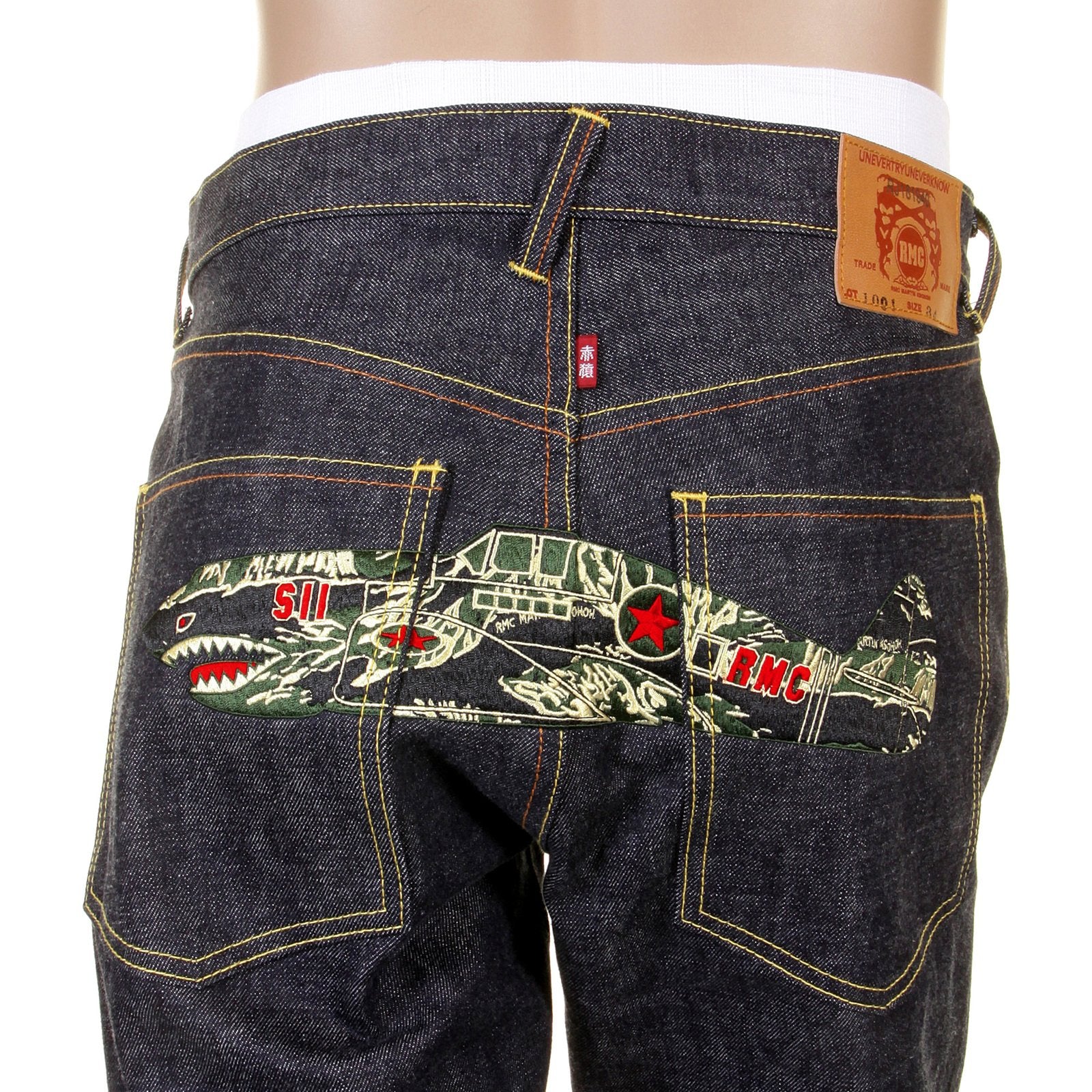 RMC JEANS DARK INDIGO RQP11118 UNWASHED RAW DENIM JEANS WITH TIGER CAMO PLANE EMBROIDERY REDM1241