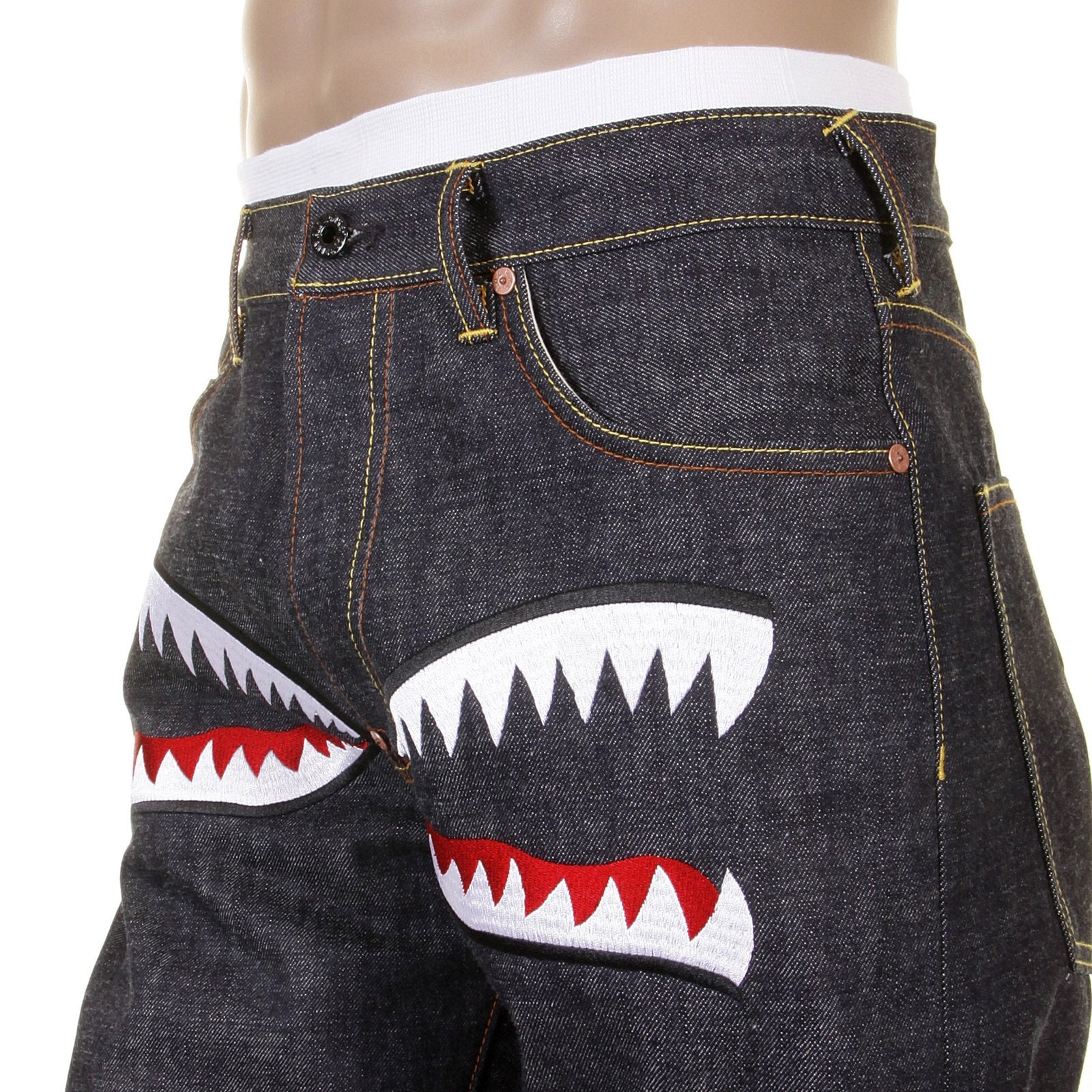 RMC JEANS DARK INDIGO RQP11118 UNWASHED RAW DENIM JEANS WITH TIGER CAMO PLANE EMBROIDERY REDM1241
