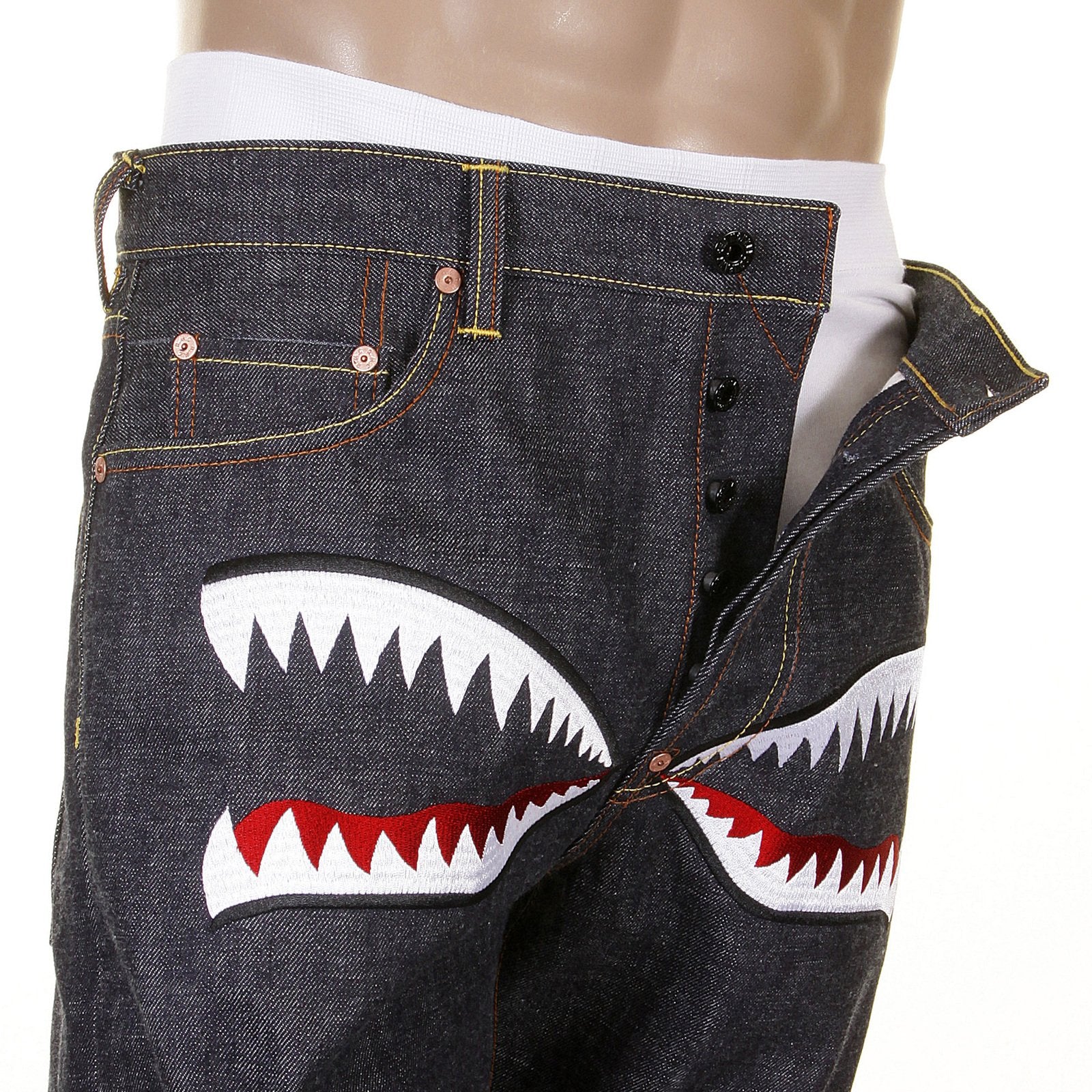 RMC JEANS DARK INDIGO RQP11118 UNWASHED RAW DENIM JEANS WITH TIGER CAMO PLANE EMBROIDERY REDM1241