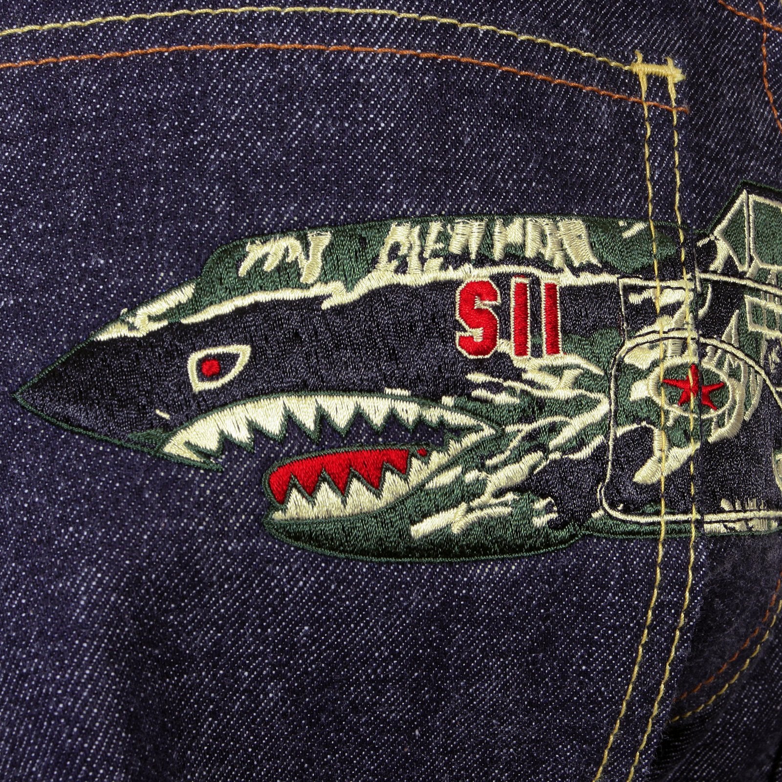 RMC JEANS DARK INDIGO RQP11118 UNWASHED RAW DENIM JEANS WITH TIGER CAMO PLANE EMBROIDERY REDM1241