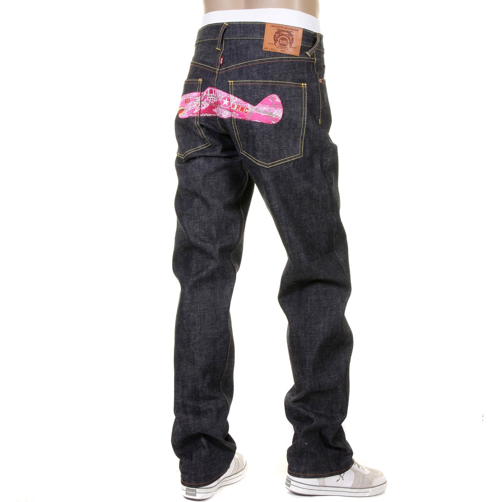 RMC JEANS SLIMMER CUT 1001 MODEL PINK CAMO EMBROIDERED RQP11050 SELVEDGE RAW UNWASHED DENIM JEANS REDM1243
