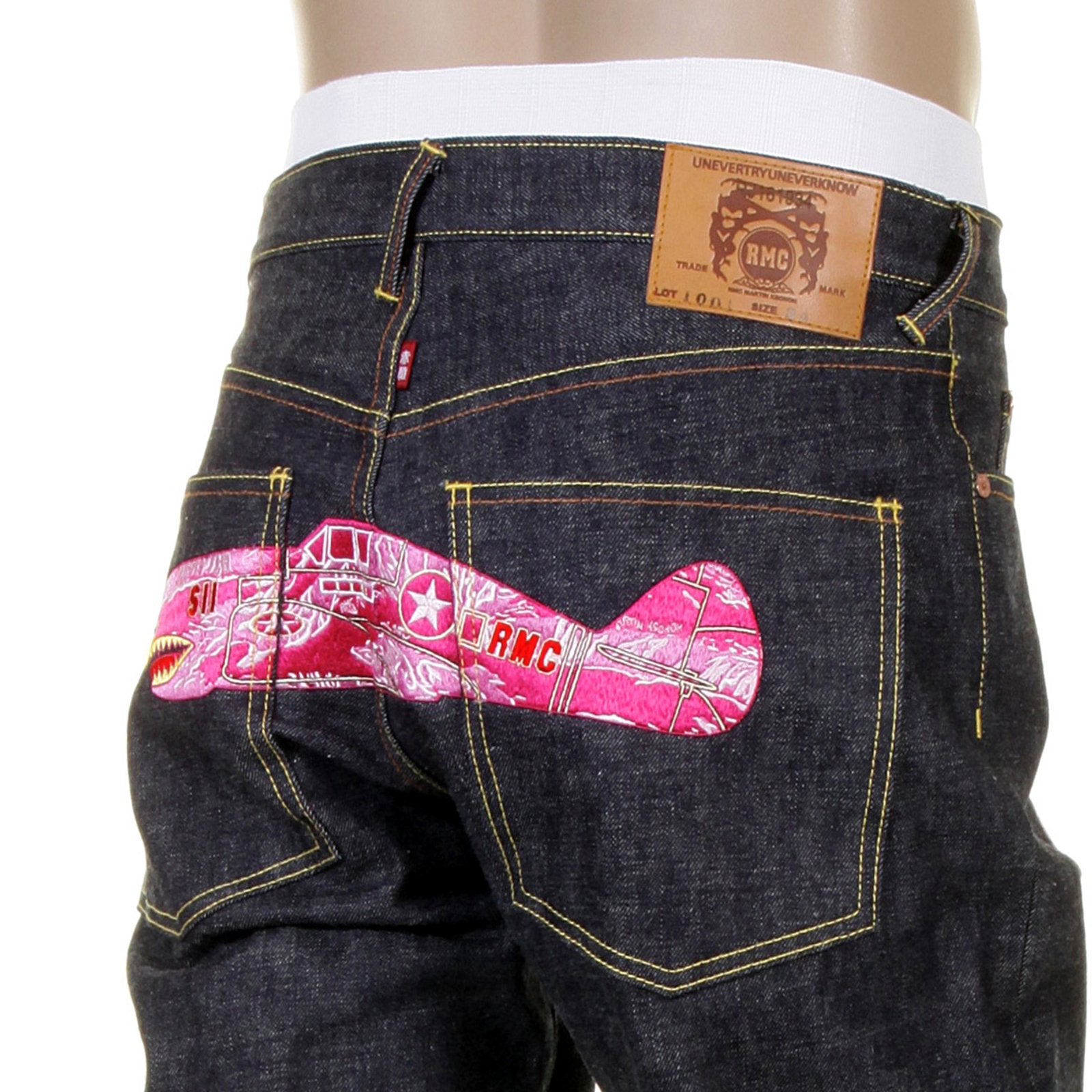 RMC JEANS SLIMMER CUT 1001 MODEL PINK CAMO EMBROIDERED RQP11050 SELVEDGE RAW UNWASHED DENIM JEANS REDM1243