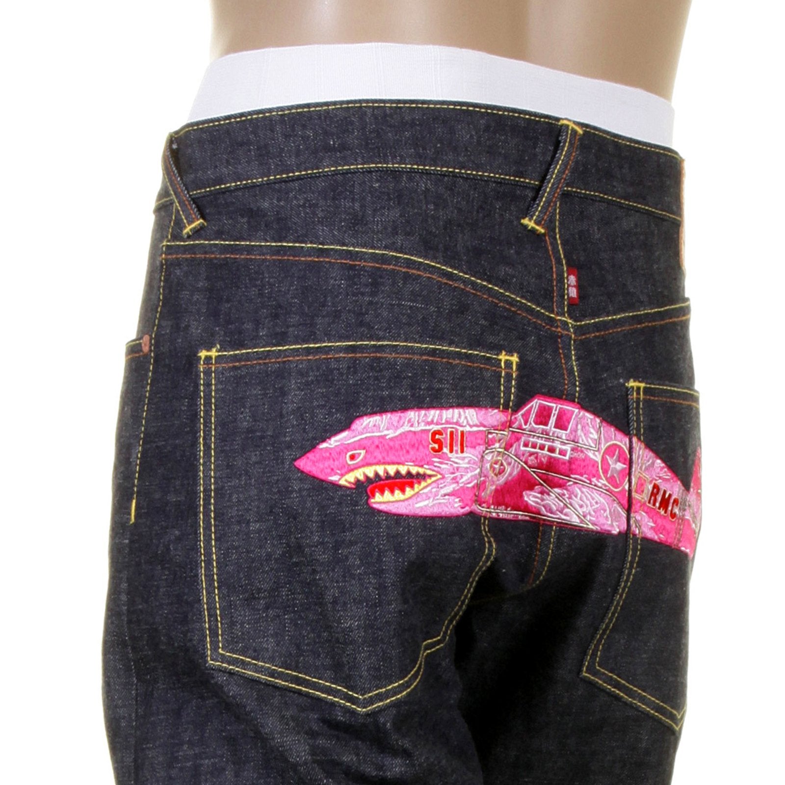 RMC JEANS SLIMMER CUT 1001 MODEL PINK CAMO EMBROIDERED RQP11050 SELVEDGE RAW UNWASHED DENIM JEANS REDM1243