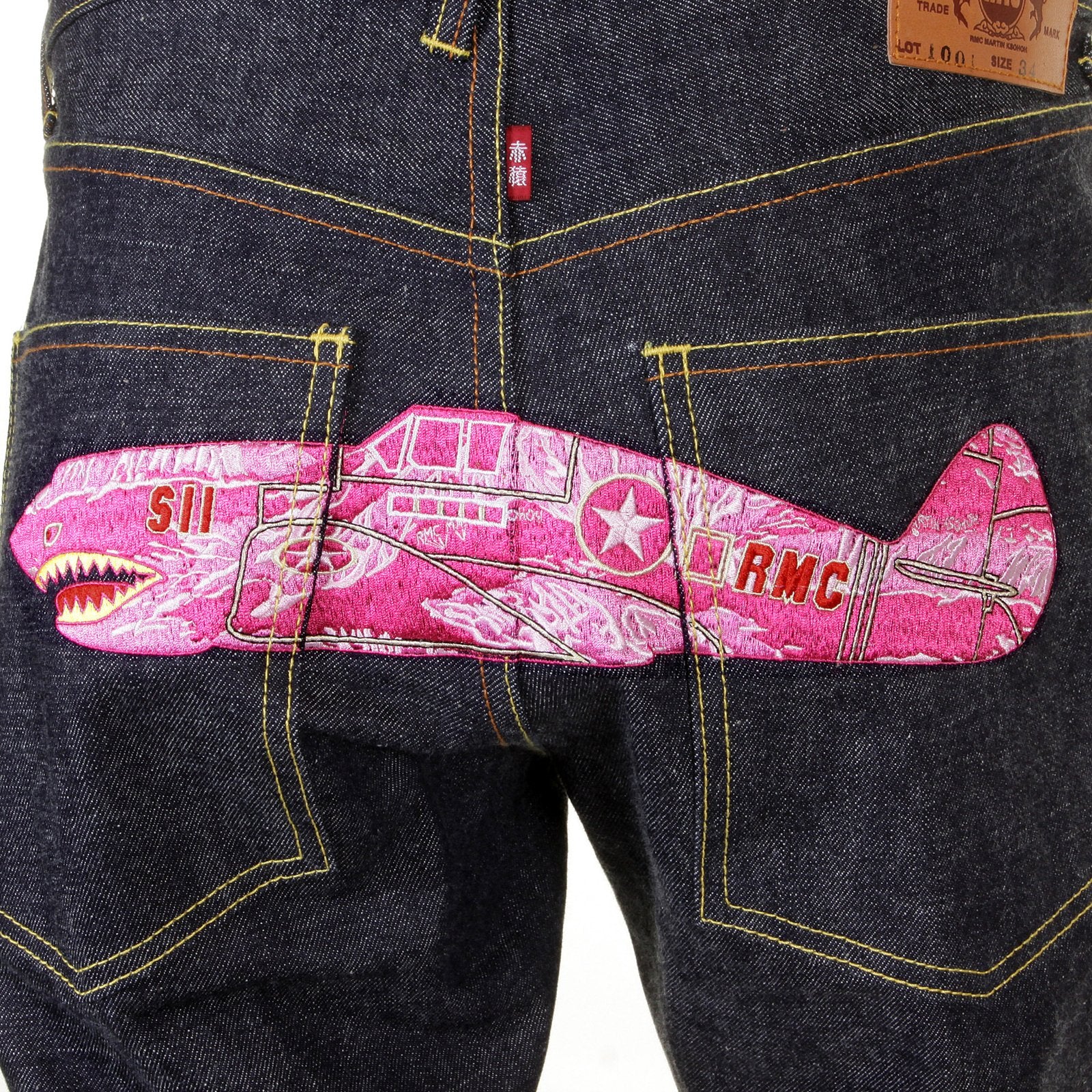 RMC JEANS SLIMMER CUT 1001 MODEL PINK CAMO EMBROIDERED RQP11050 SELVEDGE RAW UNWASHED DENIM JEANS REDM1243