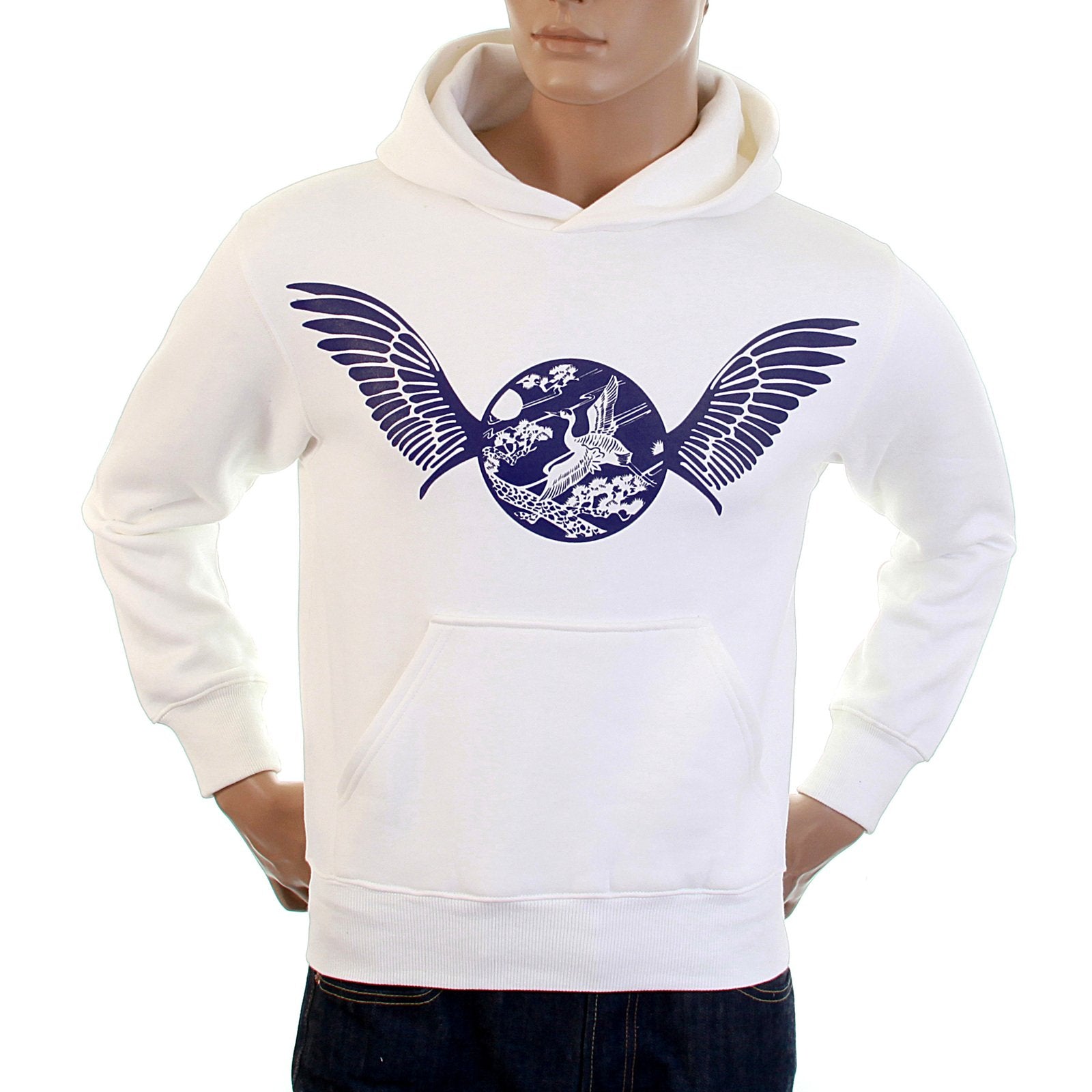 RMC MARTIN KSOHOH LARGE FITTING FREEDOM CRANE RWC141264 WHITE HOODED SWEATSHIRT WITH NAVY CRANE PRINT REDM1026