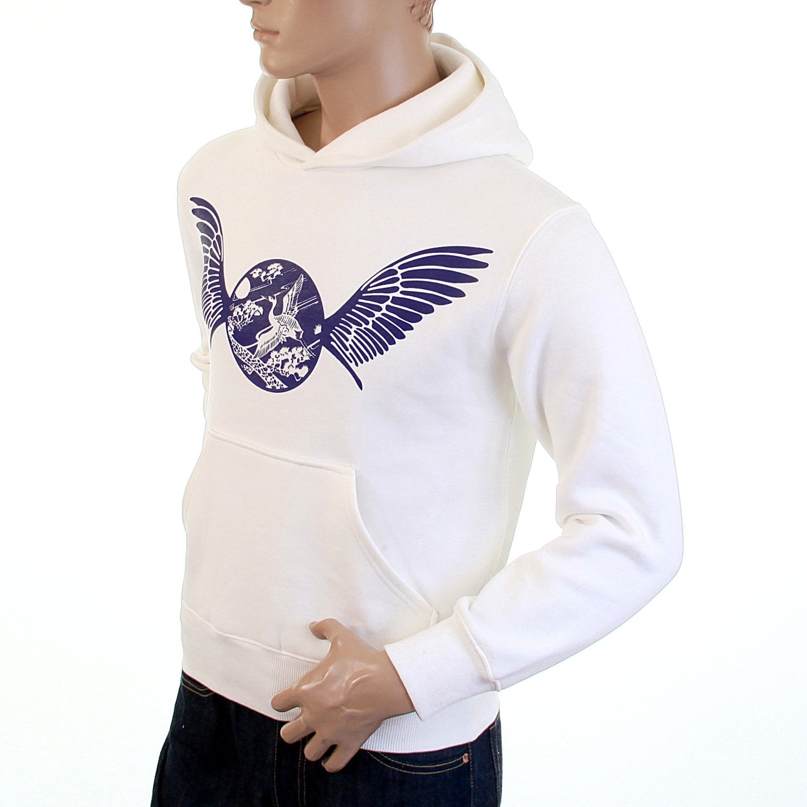 RMC MARTIN KSOHOH LARGE FITTING FREEDOM CRANE RWC141264 WHITE HOODED SWEATSHIRT WITH NAVY CRANE PRINT REDM1026