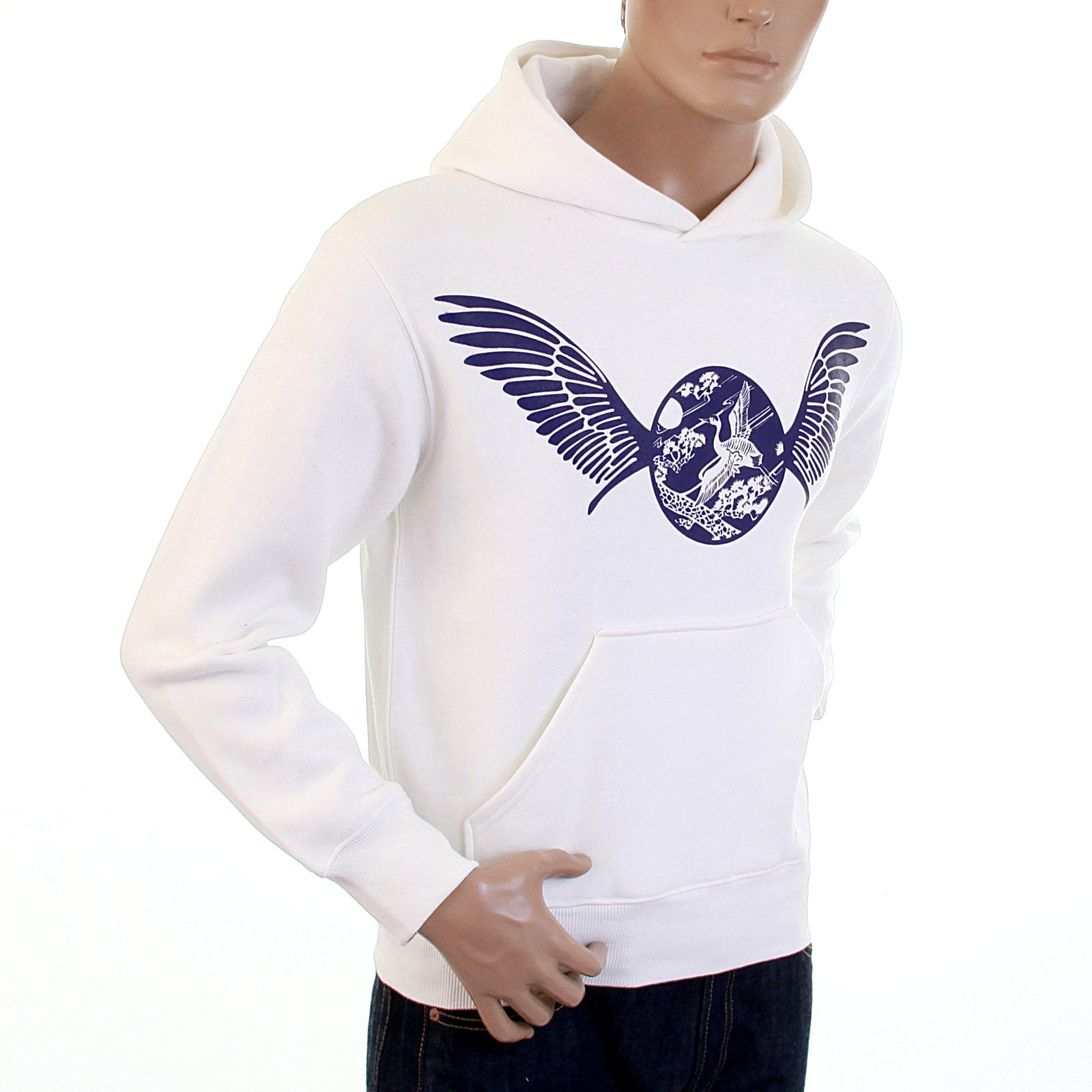 RMC MARTIN KSOHOH LARGE FITTING FREEDOM CRANE RWC141264 WHITE HOODED SWEATSHIRT WITH NAVY CRANE PRINT REDM1026
