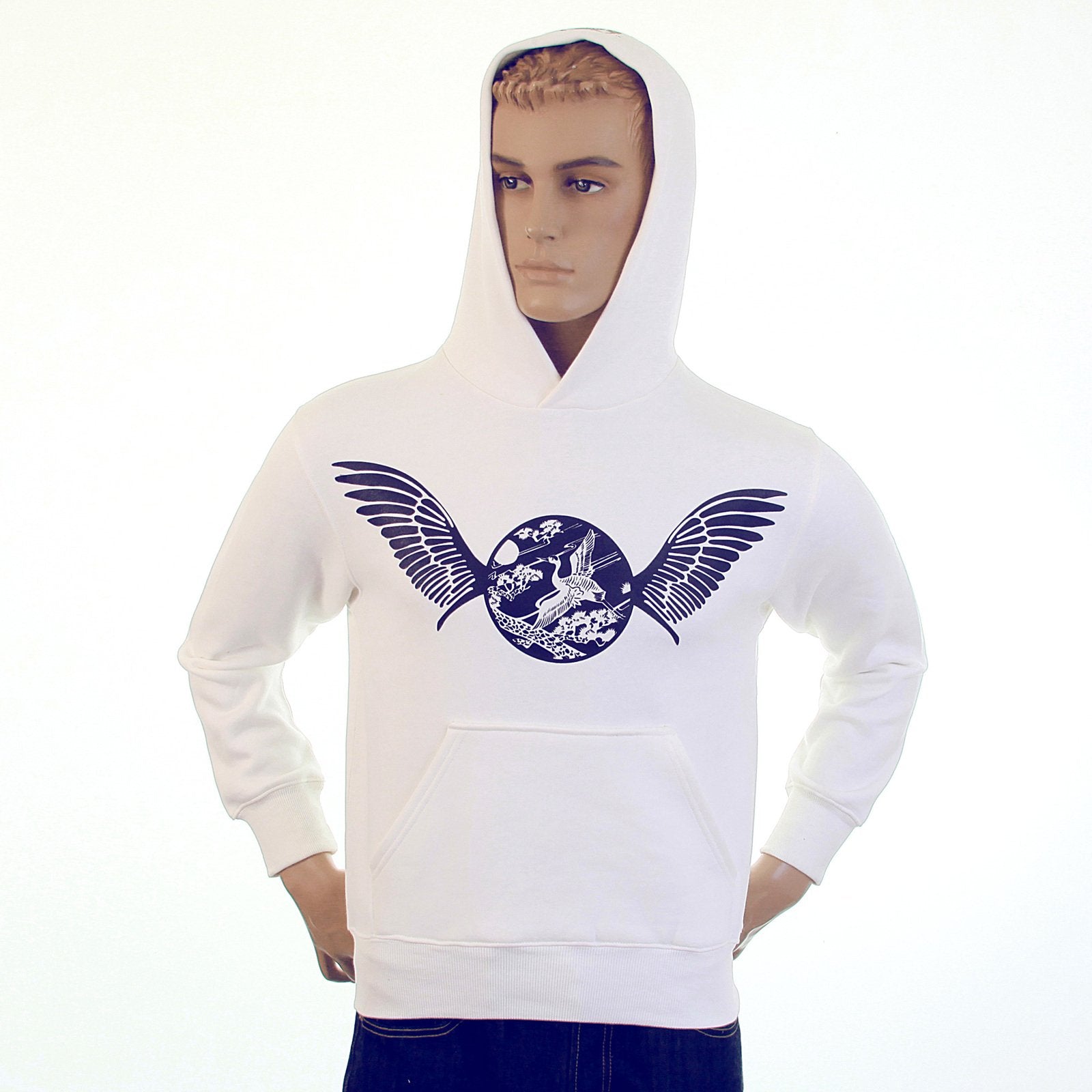 RMC MARTIN KSOHOH LARGE FITTING FREEDOM CRANE RWC141264 WHITE HOODED SWEATSHIRT WITH NAVY CRANE PRINT REDM1026