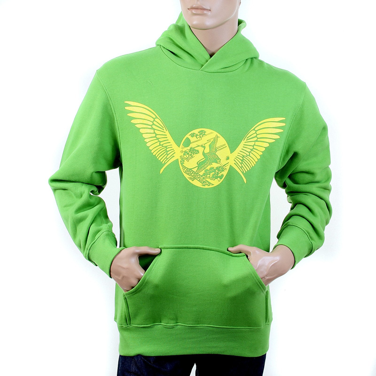 RMC MARTIN KSOHOH RWC141264 LIME GREEN LONG SLEEVE LARGE FITTING HOODED SWEATSHIRT WITH FREEDOM CRANE PRINT IN YELLOW RE