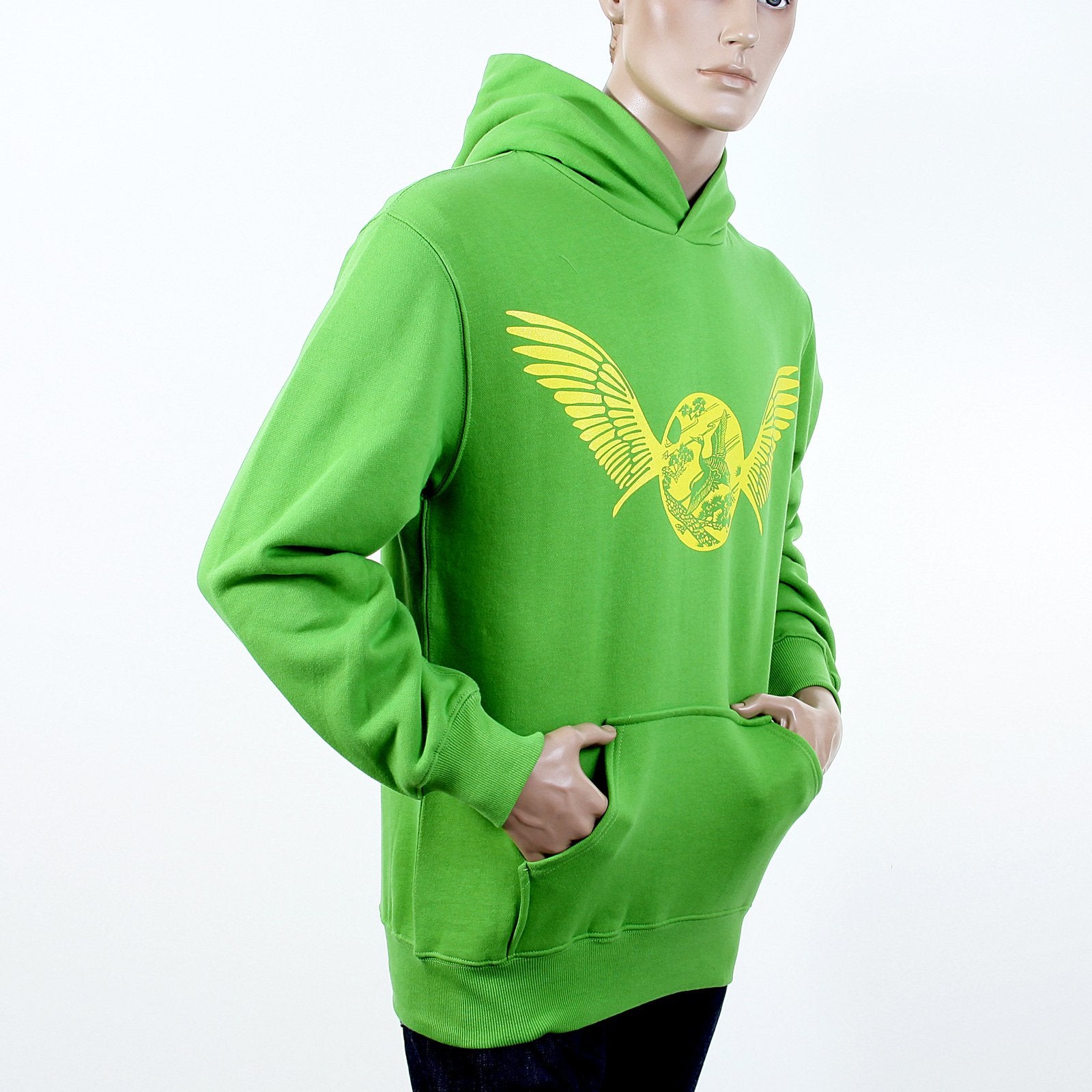 RMC MARTIN KSOHOH RWC141264 LIME GREEN LONG SLEEVE LARGE FITTING HOODED SWEATSHIRT WITH FREEDOM CRANE PRINT IN YELLOW RE