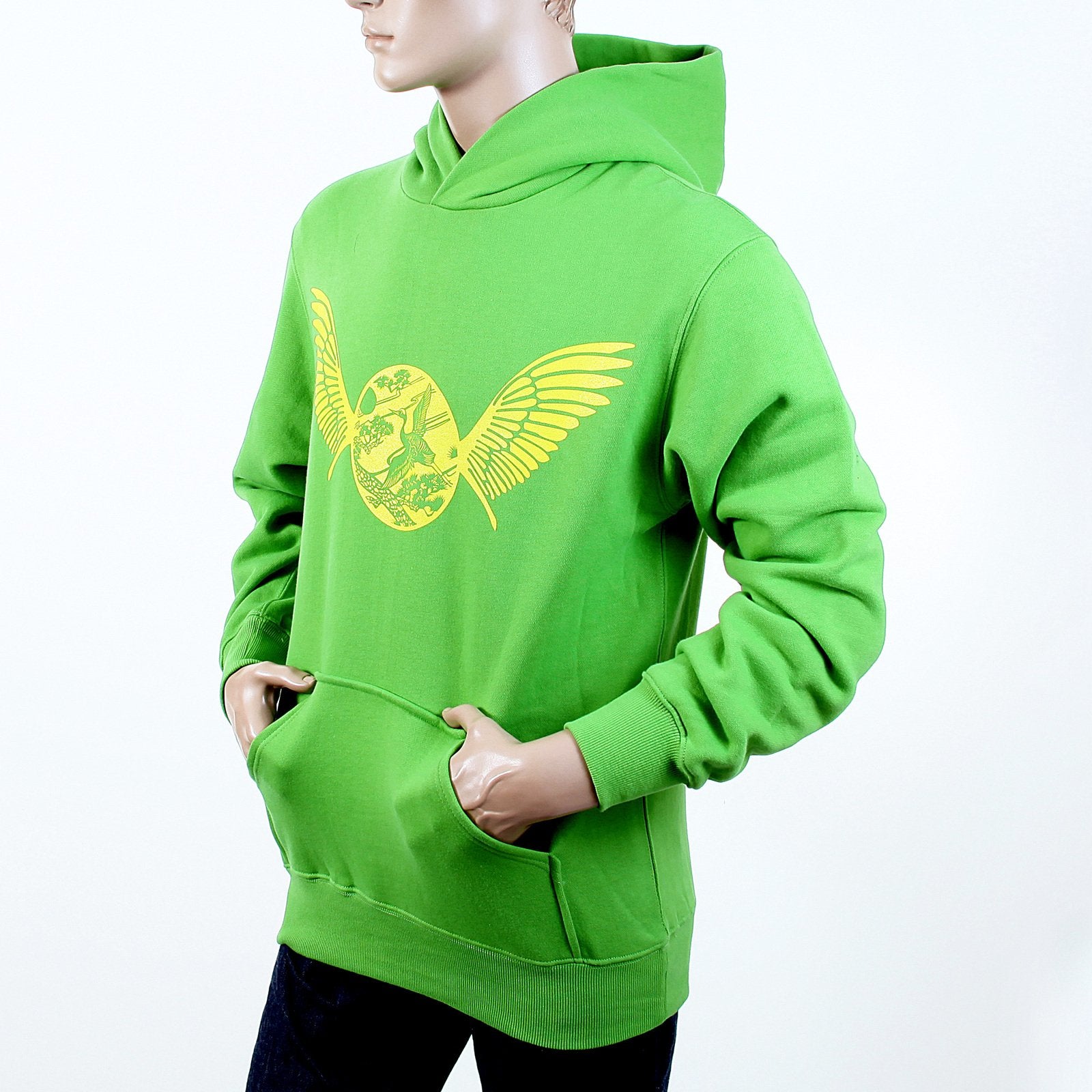 RMC MARTIN KSOHOH RWC141264 LIME GREEN LONG SLEEVE LARGE FITTING HOODED SWEATSHIRT WITH FREEDOM CRANE PRINT IN YELLOW RE