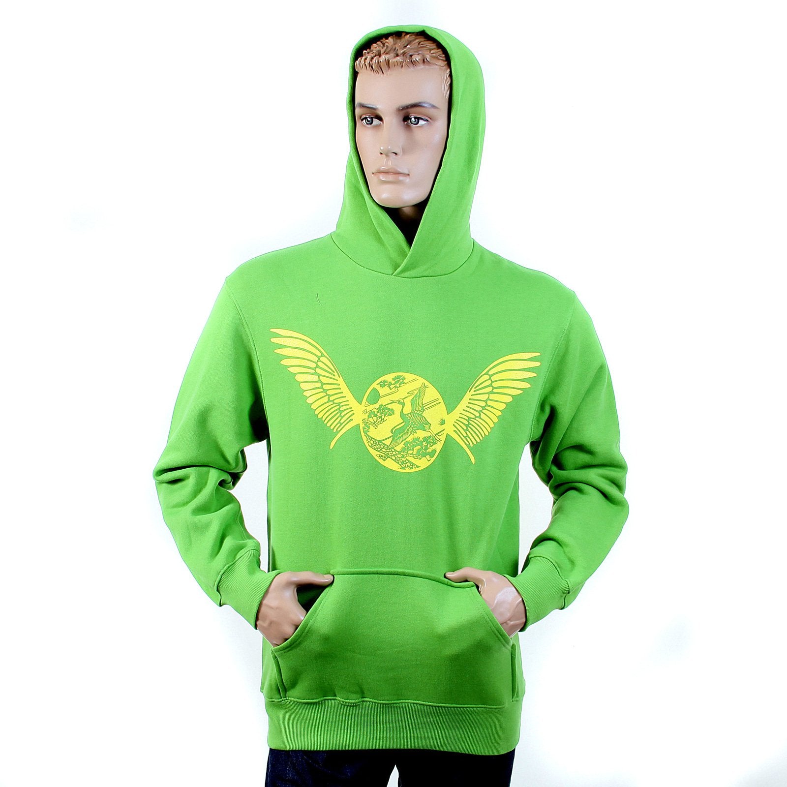 RMC MARTIN KSOHOH RWC141264 LIME GREEN LONG SLEEVE LARGE FITTING HOODED SWEATSHIRT WITH FREEDOM CRANE PRINT IN YELLOW RE