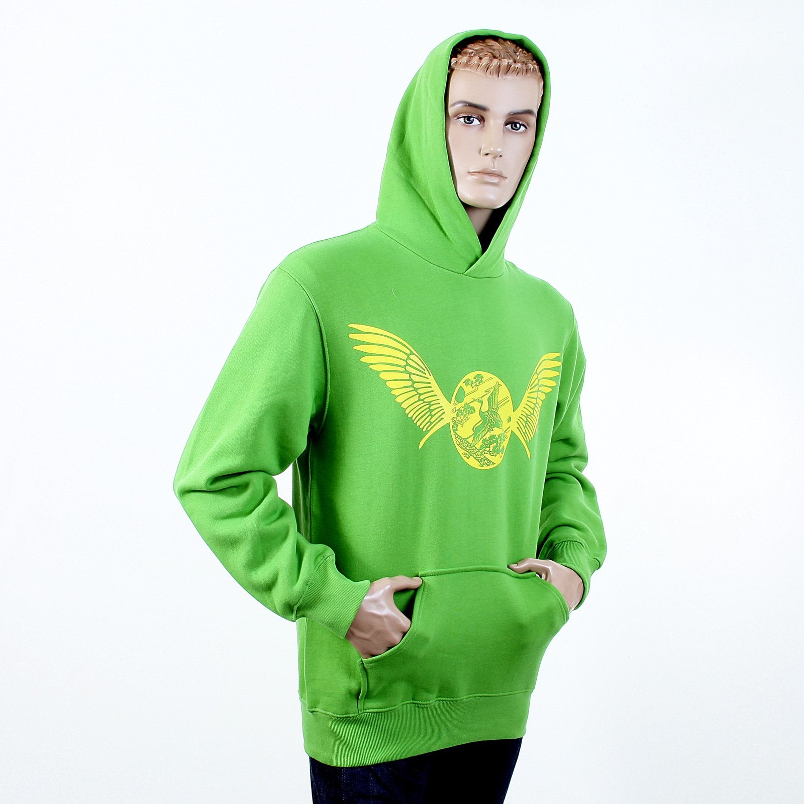RMC MARTIN KSOHOH RWC141264 LIME GREEN LONG SLEEVE LARGE FITTING HOODED SWEATSHIRT WITH FREEDOM CRANE PRINT IN YELLOW RE
