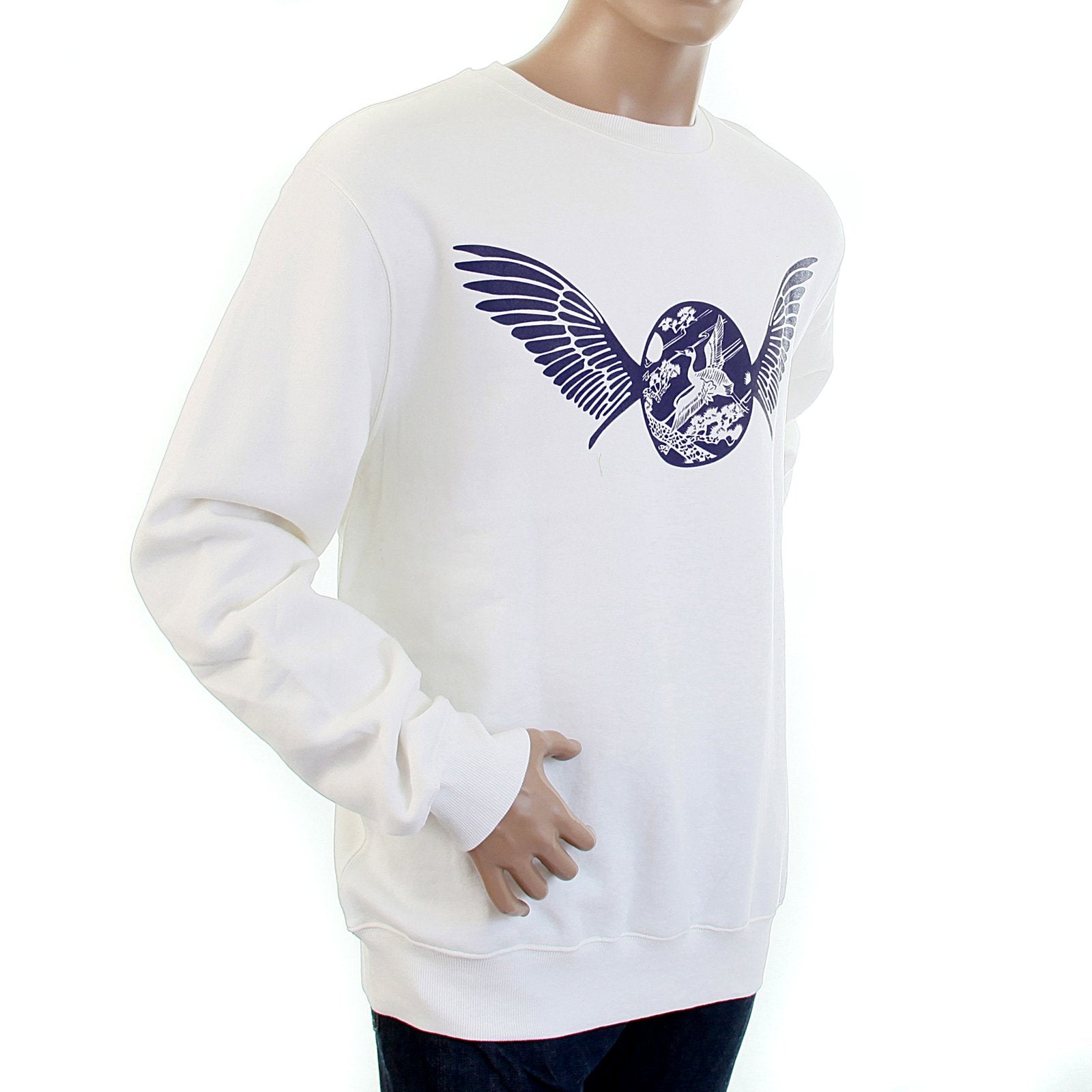 RMC JEANS RWC141262 NAVY FREEDOM CRANE PRINTED MENS LONG SLEEVED CREW NECK WHITE SWEATSHIRT WITH LARGE FITTING REDM1029