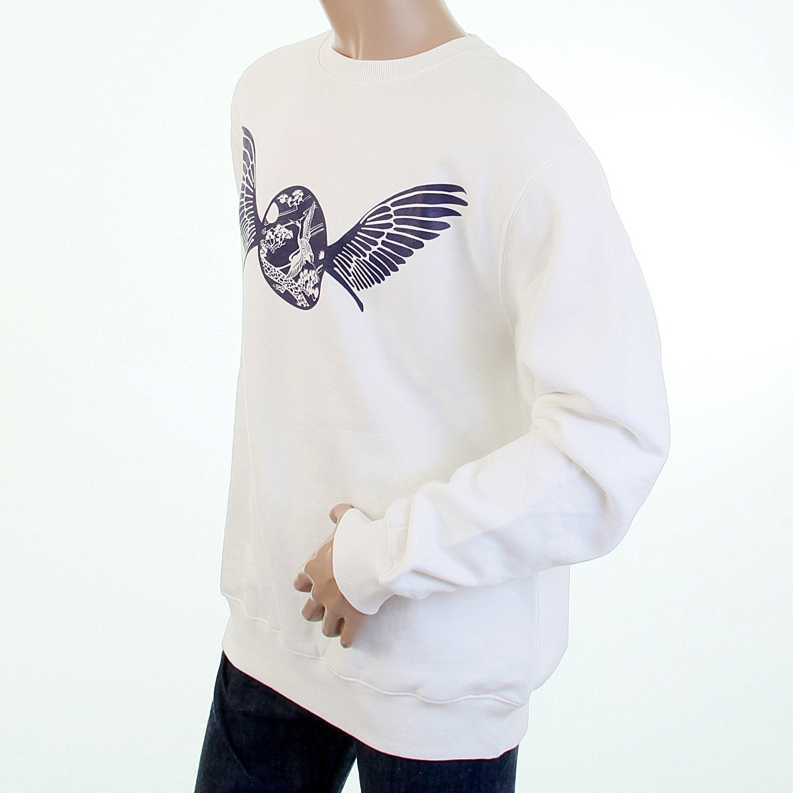RMC JEANS RWC141262 NAVY FREEDOM CRANE PRINTED MENS LONG SLEEVED CREW NECK WHITE SWEATSHIRT WITH LARGE FITTING REDM1029