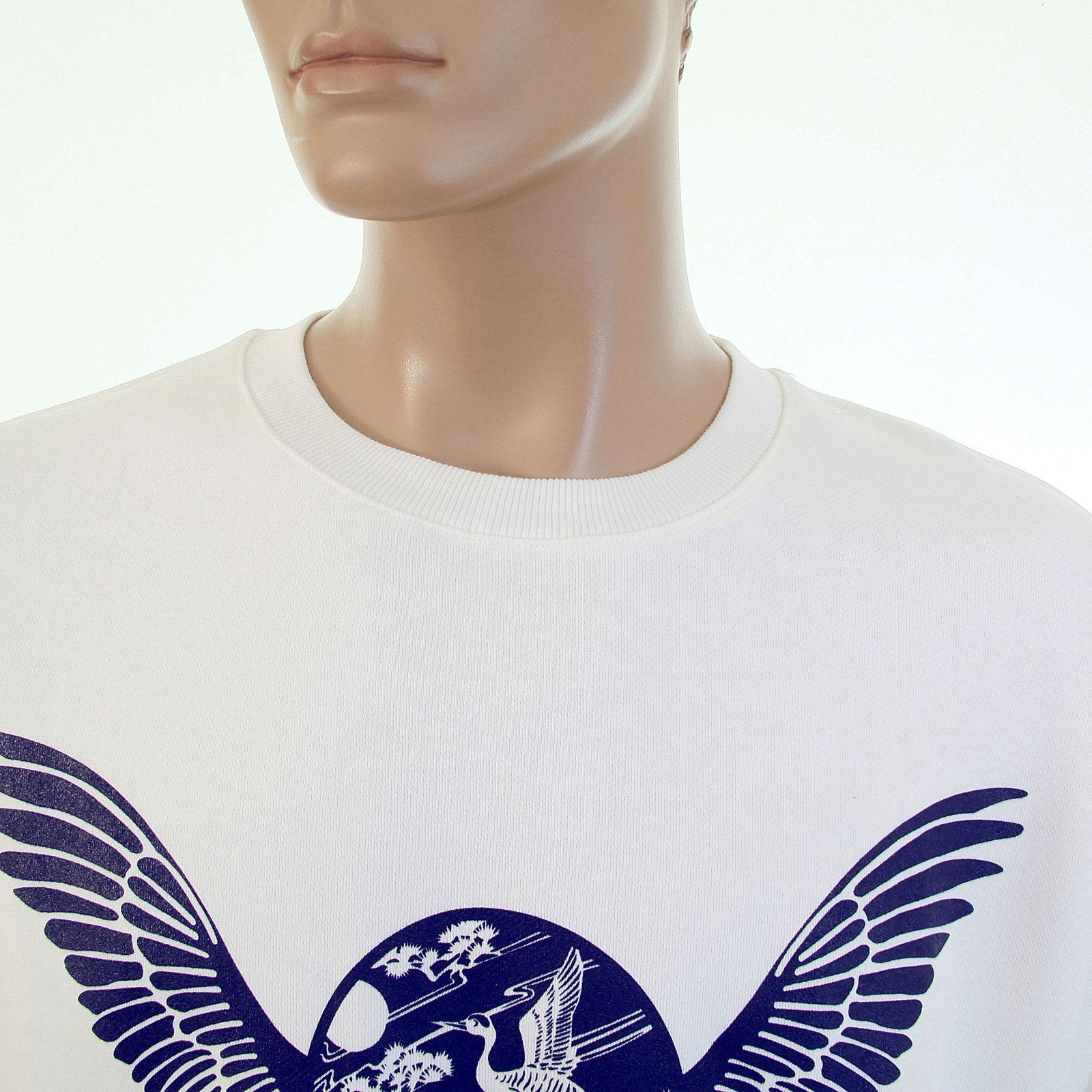 RMC JEANS RWC141262 NAVY FREEDOM CRANE PRINTED MENS LONG SLEEVED CREW NECK WHITE SWEATSHIRT WITH LARGE FITTING REDM1029