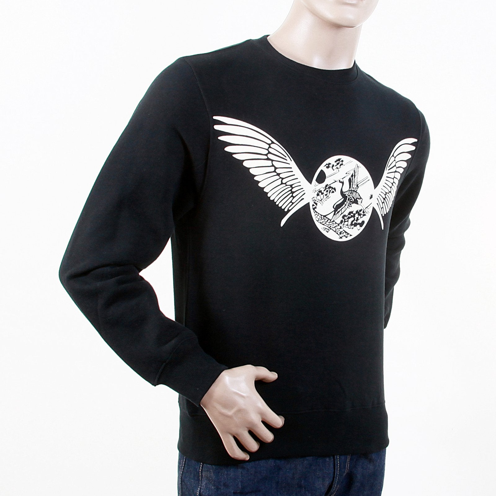 RMC JEANS LARGE FITTING LONG SLEEVED RWC141264 BLACK HOODED SWEATSHIRT WITH FREEDOM CRANE PRINTED IN ECRU REDM1027