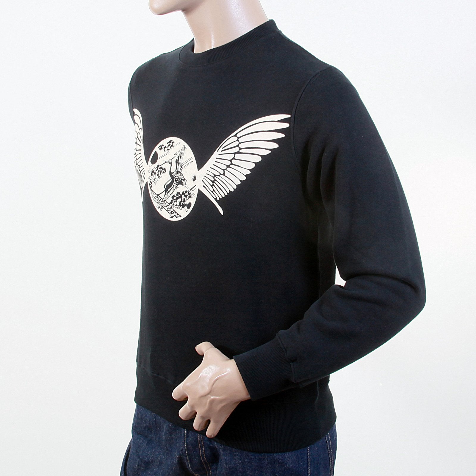 RMC JEANS LARGE FITTING LONG SLEEVED RWC141264 BLACK HOODED SWEATSHIRT WITH FREEDOM CRANE PRINTED IN ECRU REDM1027