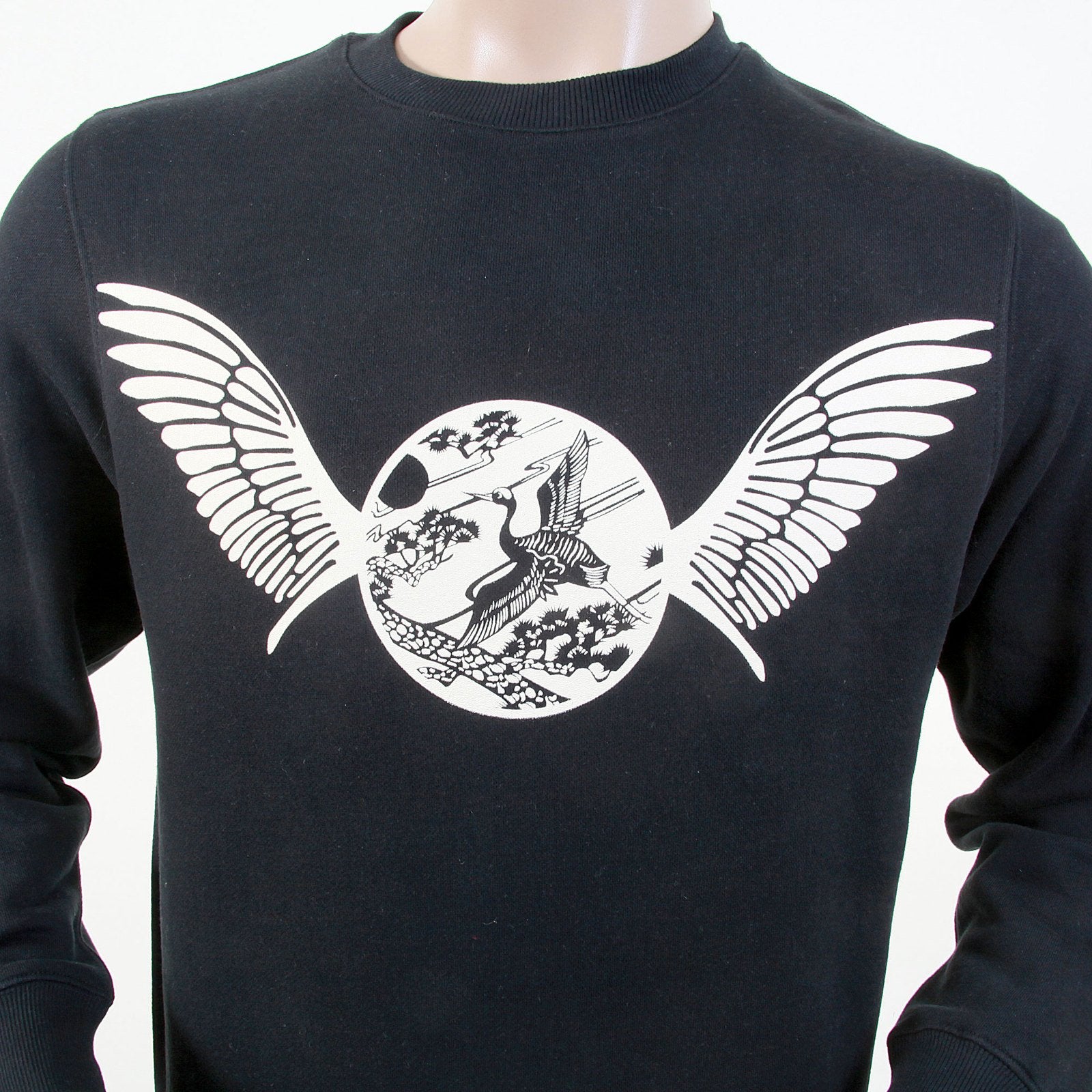 RMC JEANS LARGE FITTING LONG SLEEVED RWC141264 BLACK HOODED SWEATSHIRT WITH FREEDOM CRANE PRINTED IN ECRU REDM1027