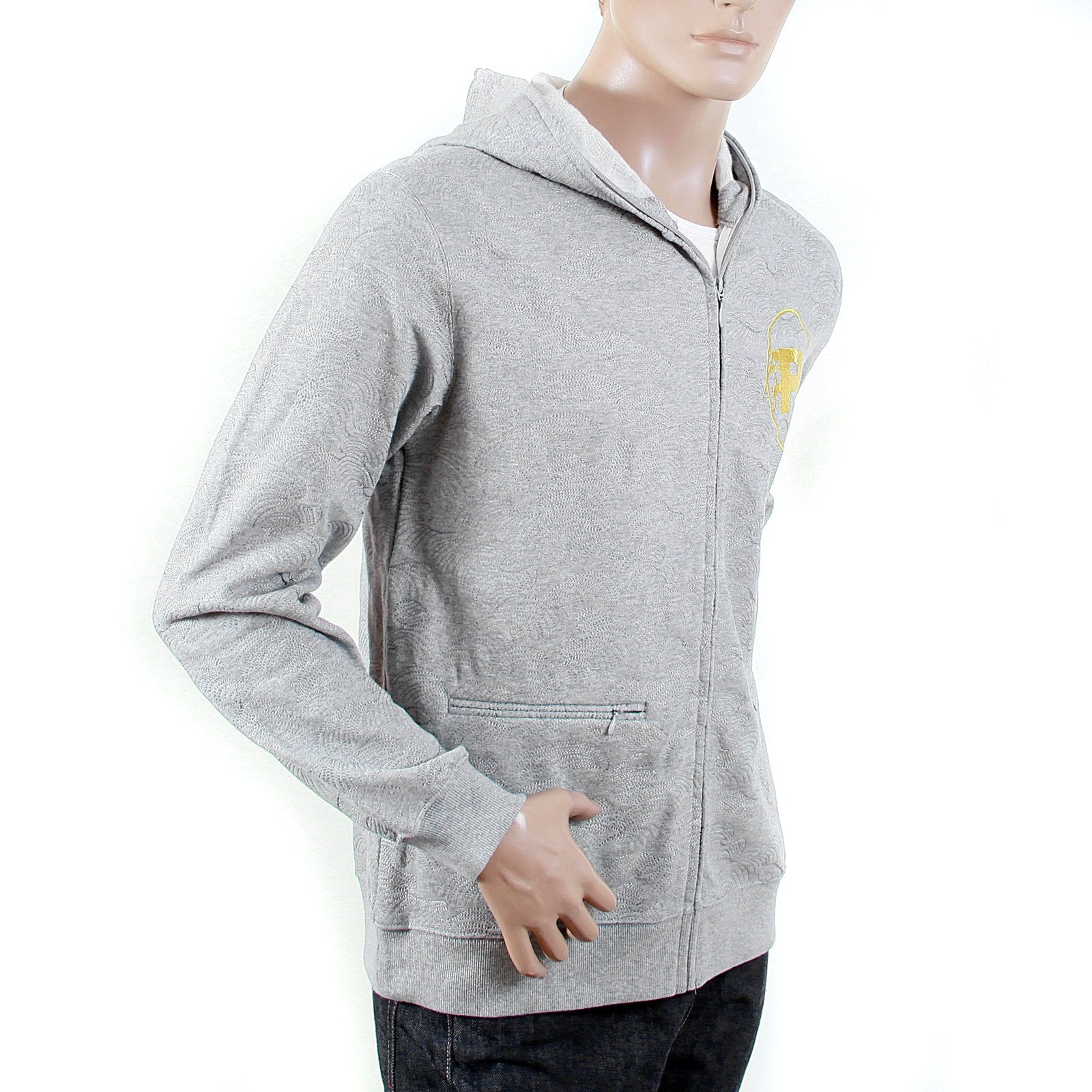 RMC R6WCTSUNAMIE COTTON TSUNAMI WAVE EMBROIDERED ZIPPED HOODED JACKET IN GREY MARL REDM1065