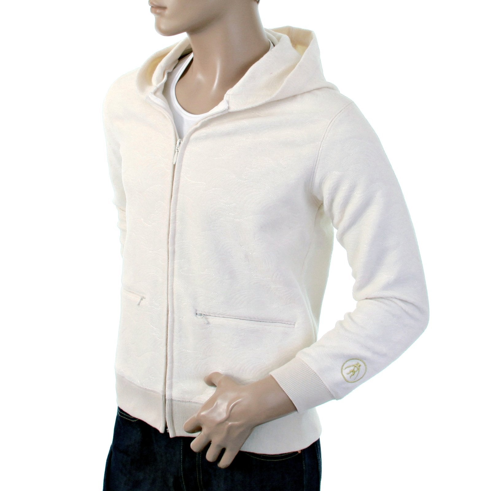 RMC JEANS MENS R6MPJK492WWH WOOL MIX REGULAR FIT HOODED ZIPPED JACKET TSUNAMI WAVE IN IVORY REDM1038