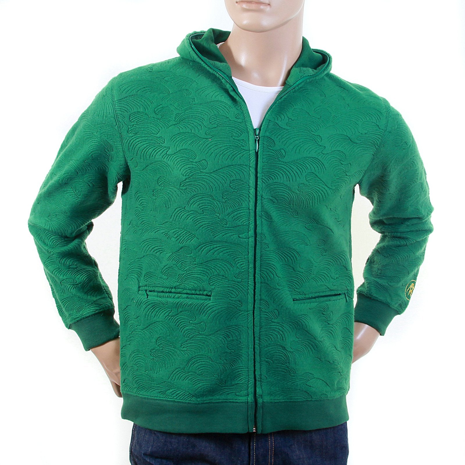 RMC R6JKTSUNAMIE MENS TSUNAMI WAVE EMBROIDERED LARGE FITTING ZIPPED HOODED SWEATSHIRT IN EMERALD GREEN REM1051