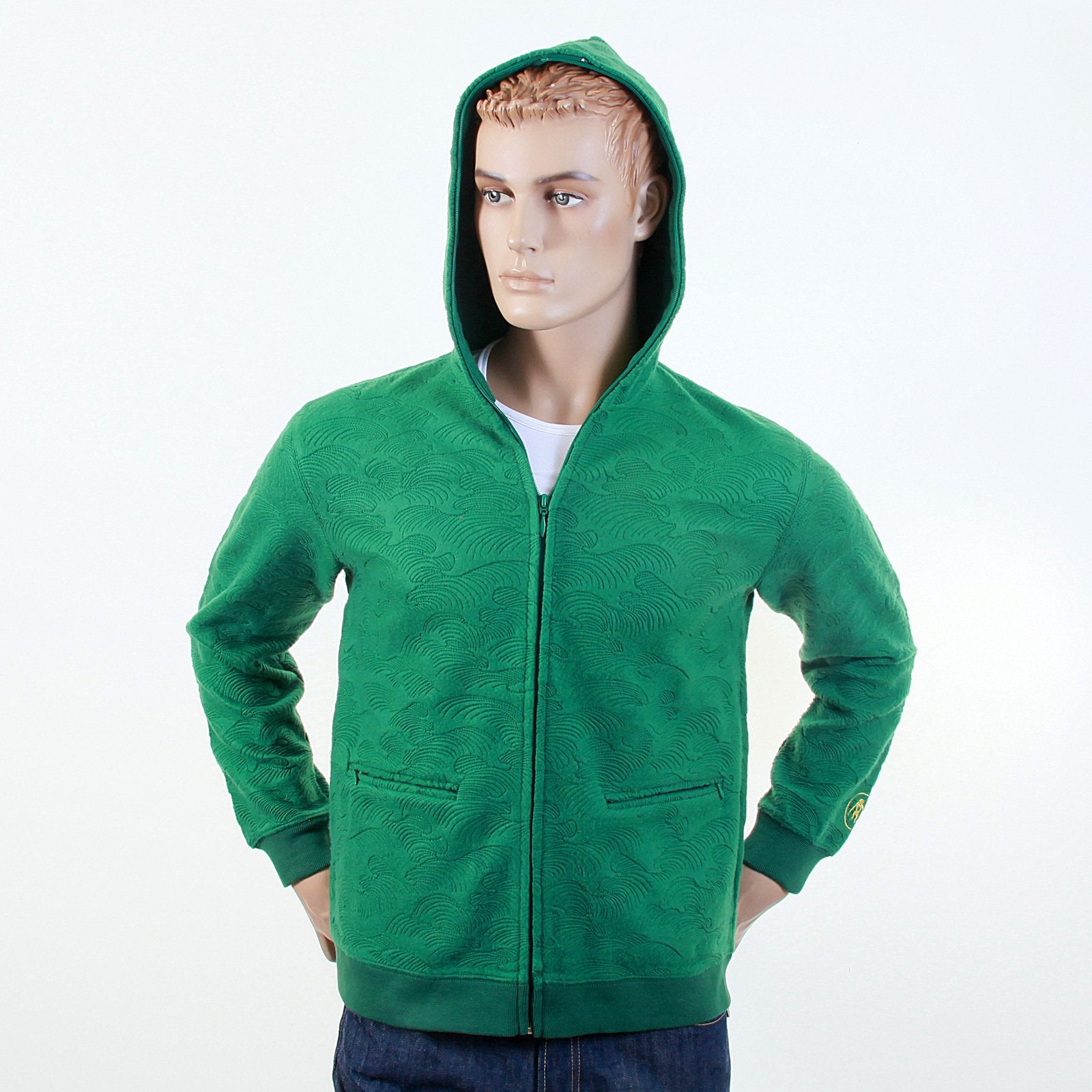 RMC R6JKTSUNAMIE MENS TSUNAMI WAVE EMBROIDERED LARGE FITTING ZIPPED HOODED SWEATSHIRT IN EMERALD GREEN REM1051
