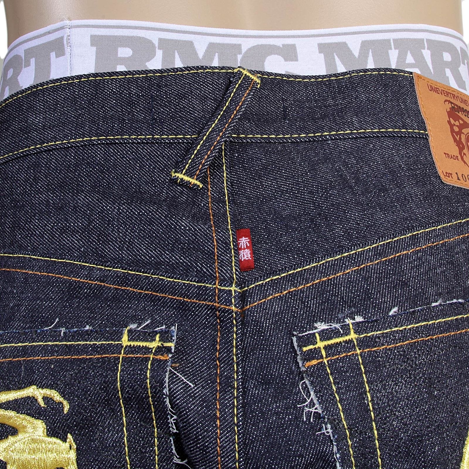 RMC X 4A VERSION MENS LIKE BLACK MODEL 1001 MONSTER RIDER FM UNION GOLD EMBROIDERED JEANS IN INDIGO RMC1939