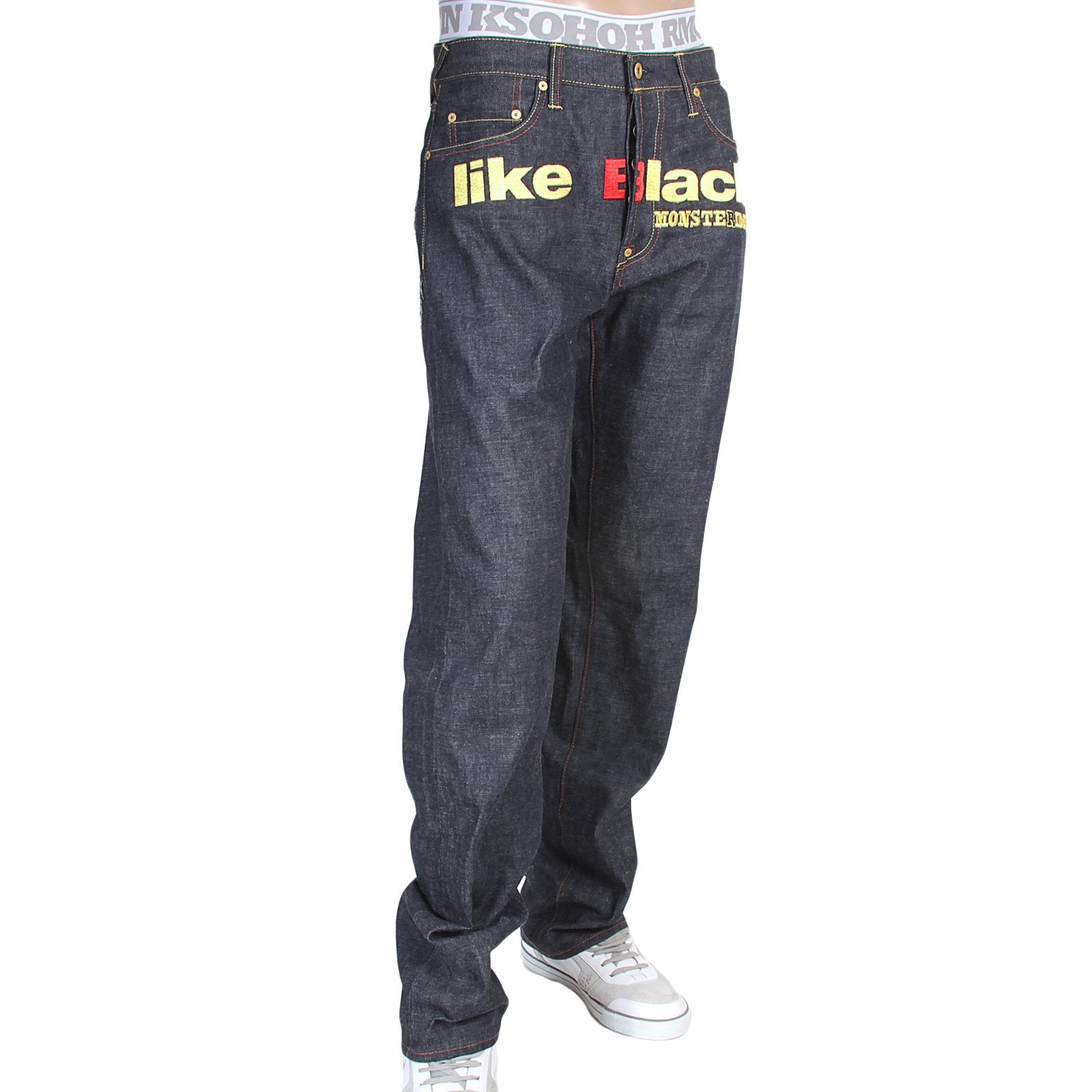 RMC X 4A VERSION MENS LIKE BLACK MODEL 1001 MONSTER RIDER FM UNION GOLD EMBROIDERED JEANS IN INDIGO RMC1939