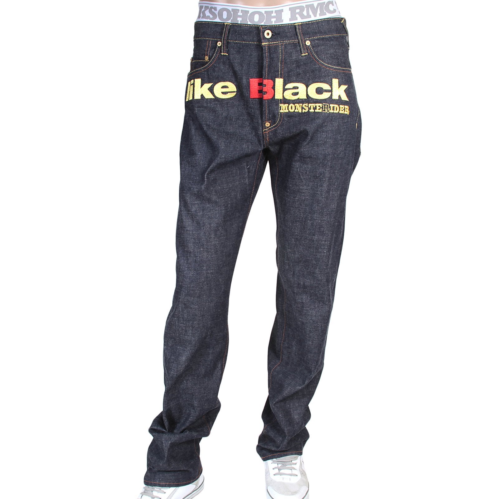 RMC X 4A VERSION MENS LIKE BLACK MODEL 1001 MONSTER RIDER FM UNION GOLD EMBROIDERED JEANS IN INDIGO RMC1939