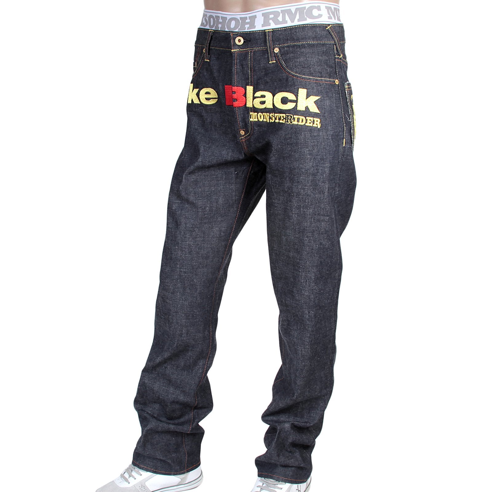 RMC X 4A VERSION MENS LIKE BLACK MODEL 1001 MONSTER RIDER FM UNION GOLD EMBROIDERED JEANS IN INDIGO RMC1939