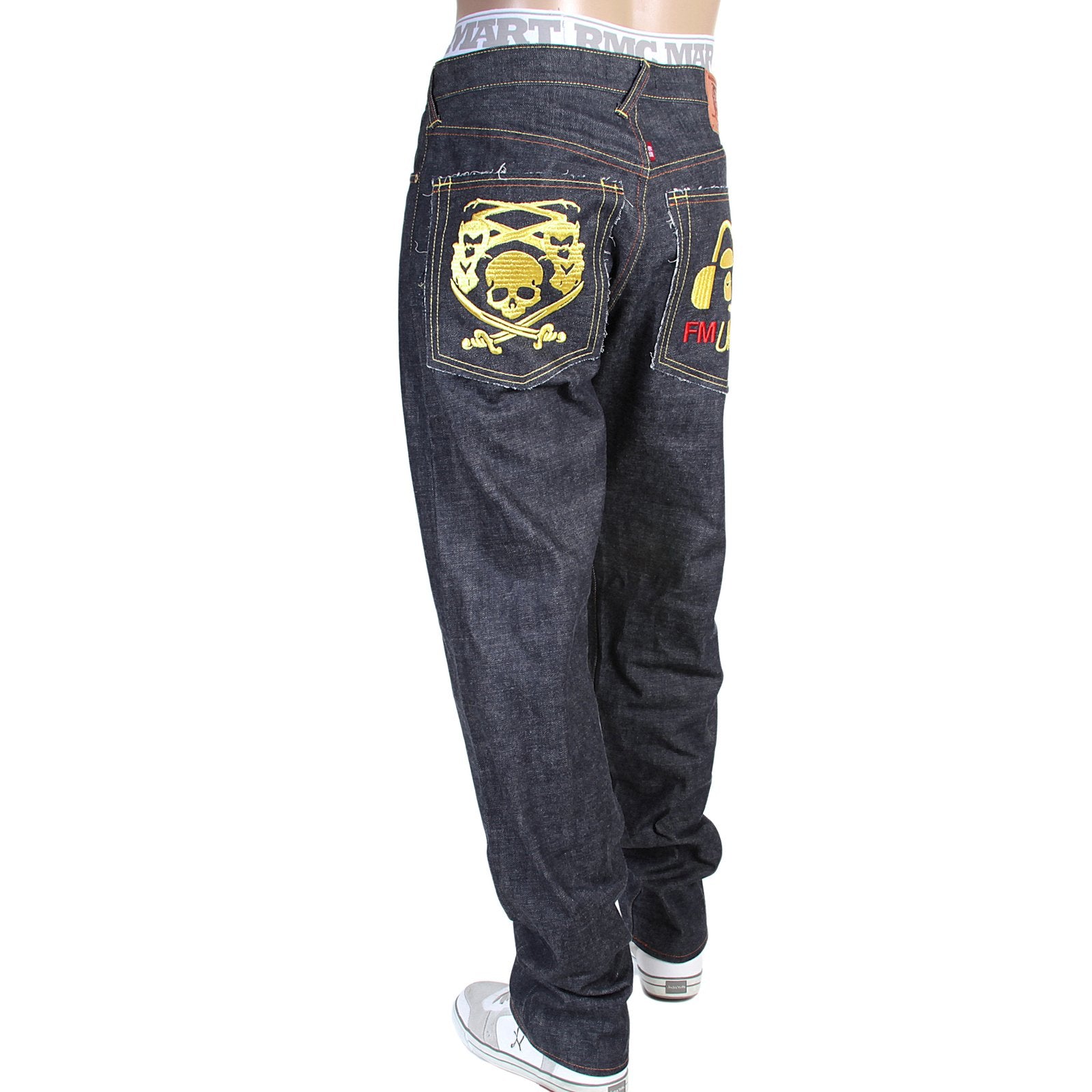 RMC X 4A VERSION MENS LIKE BLACK MODEL 1001 MONSTER RIDER FM UNION GOLD EMBROIDERED JEANS IN INDIGO RMC1939
