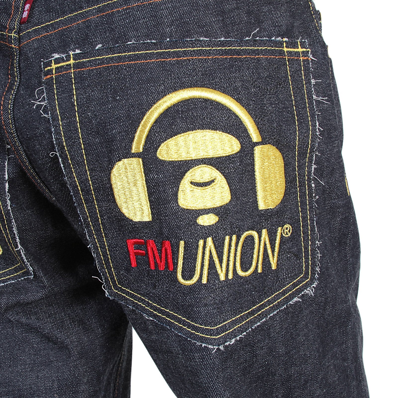 RMC X 4A VERSION MENS LIKE BLACK MODEL 1001 MONSTER RIDER FM UNION GOLD EMBROIDERED JEANS IN INDIGO RMC1939