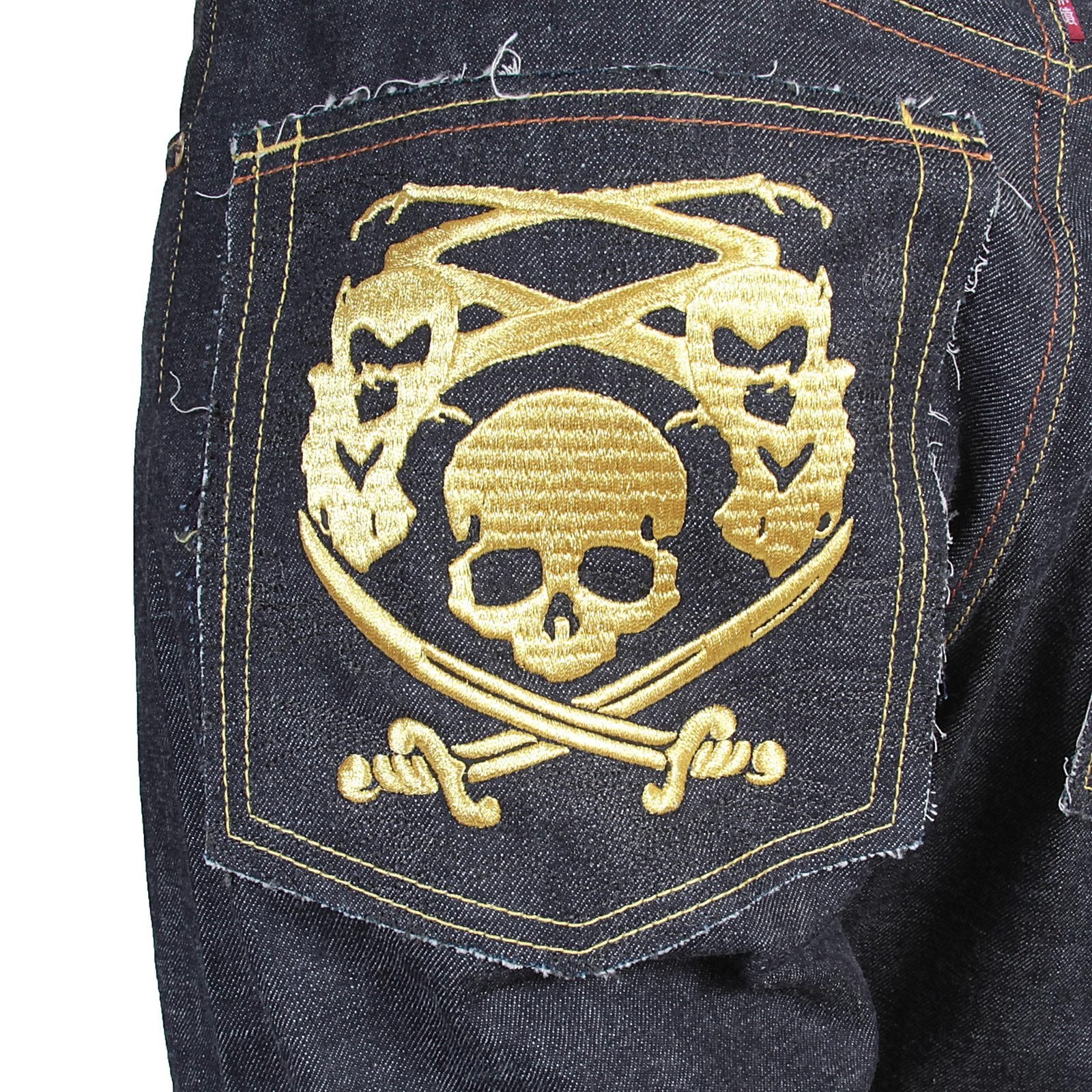 RMC X 4A VERSION MENS LIKE BLACK MODEL 1001 MONSTER RIDER FM UNION GOLD EMBROIDERED JEANS IN INDIGO RMC1939