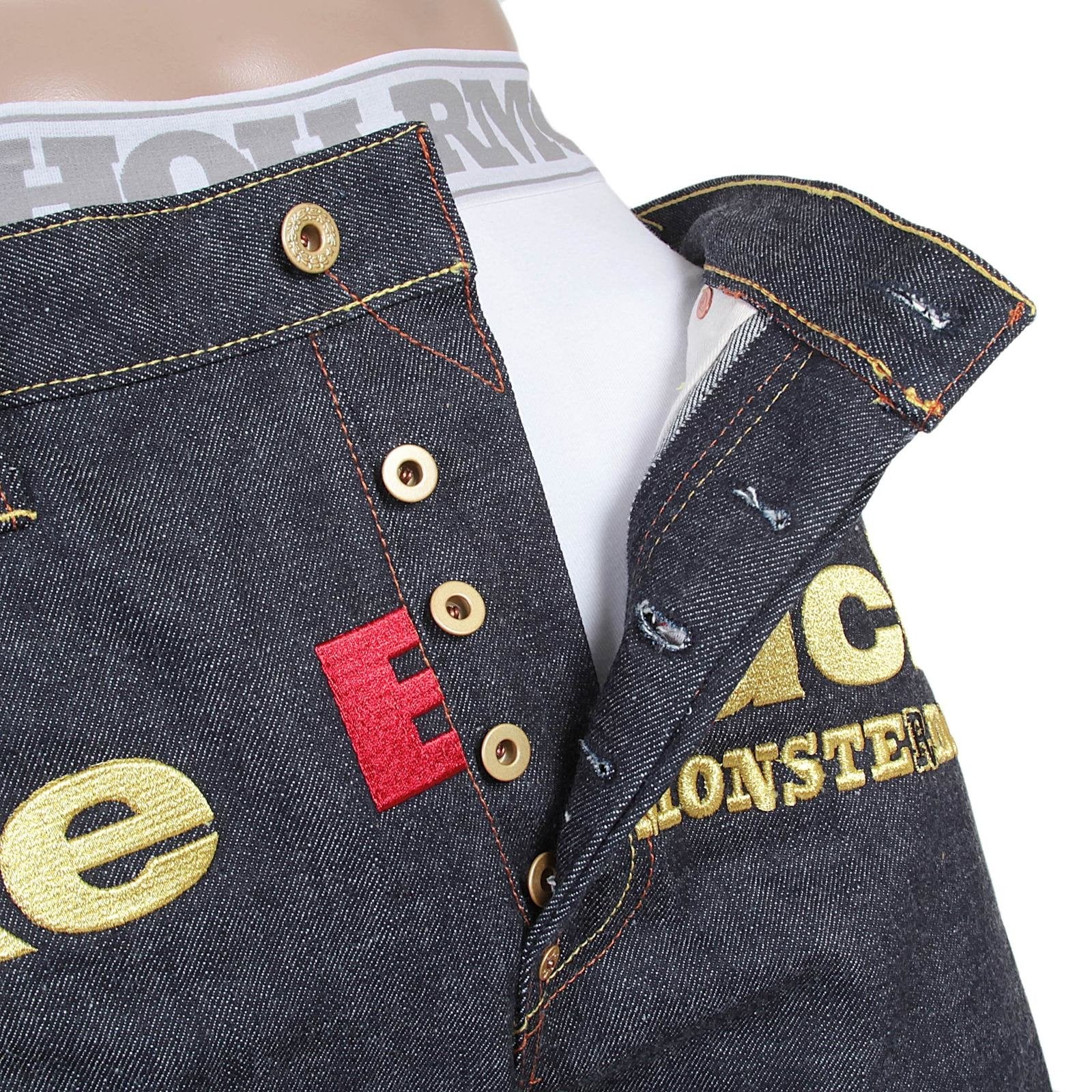 RMC X 4A VERSION MENS LIKE BLACK MODEL 1001 MONSTER RIDER FM UNION GOLD EMBROIDERED JEANS IN INDIGO RMC1939