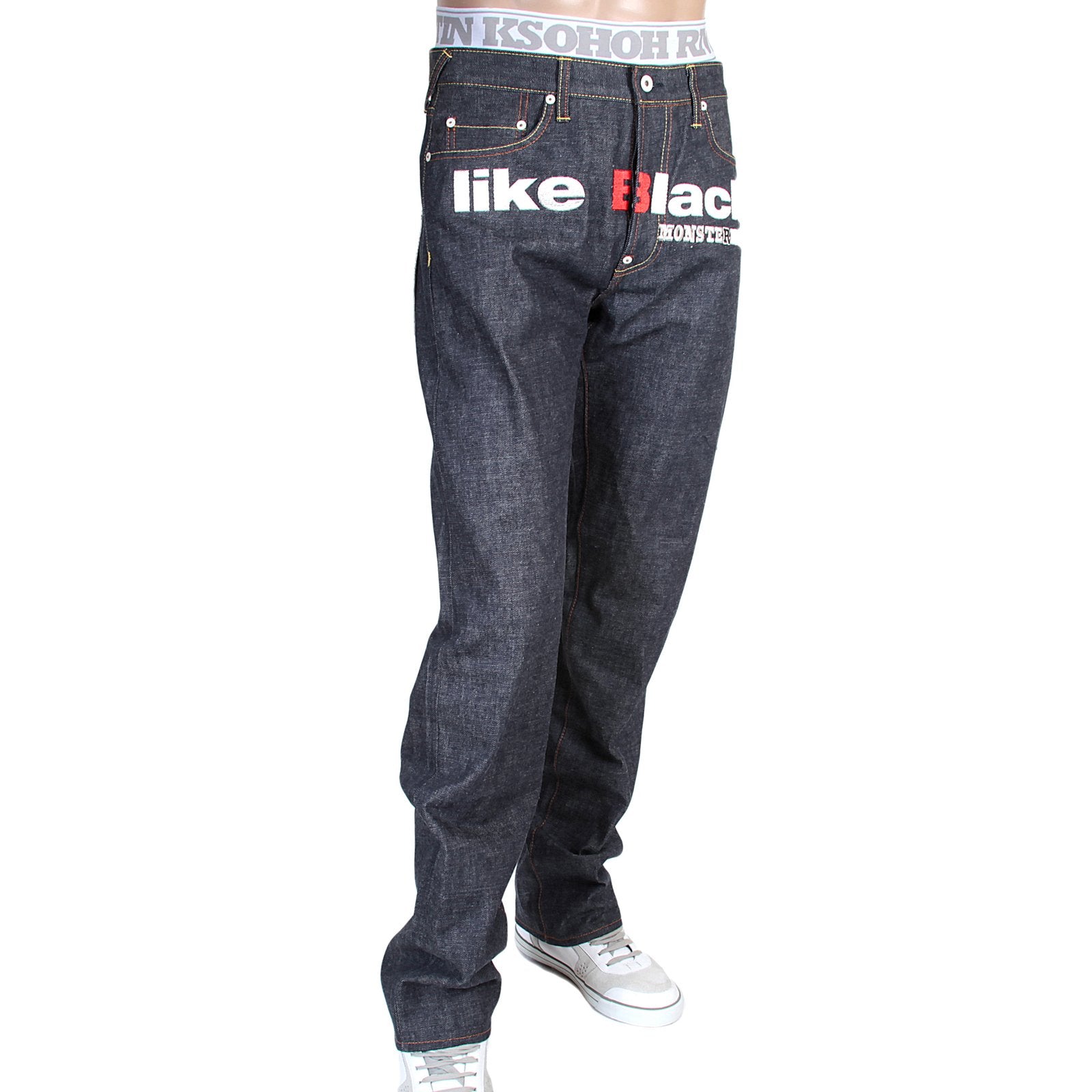 RMC X 4A VERSION MENS INDIGO RAW SELVEDGE DENIM 1001 MODEL BLACK MONSTER RIDER FM UNION EMBROIDERED JEANS RMC1940