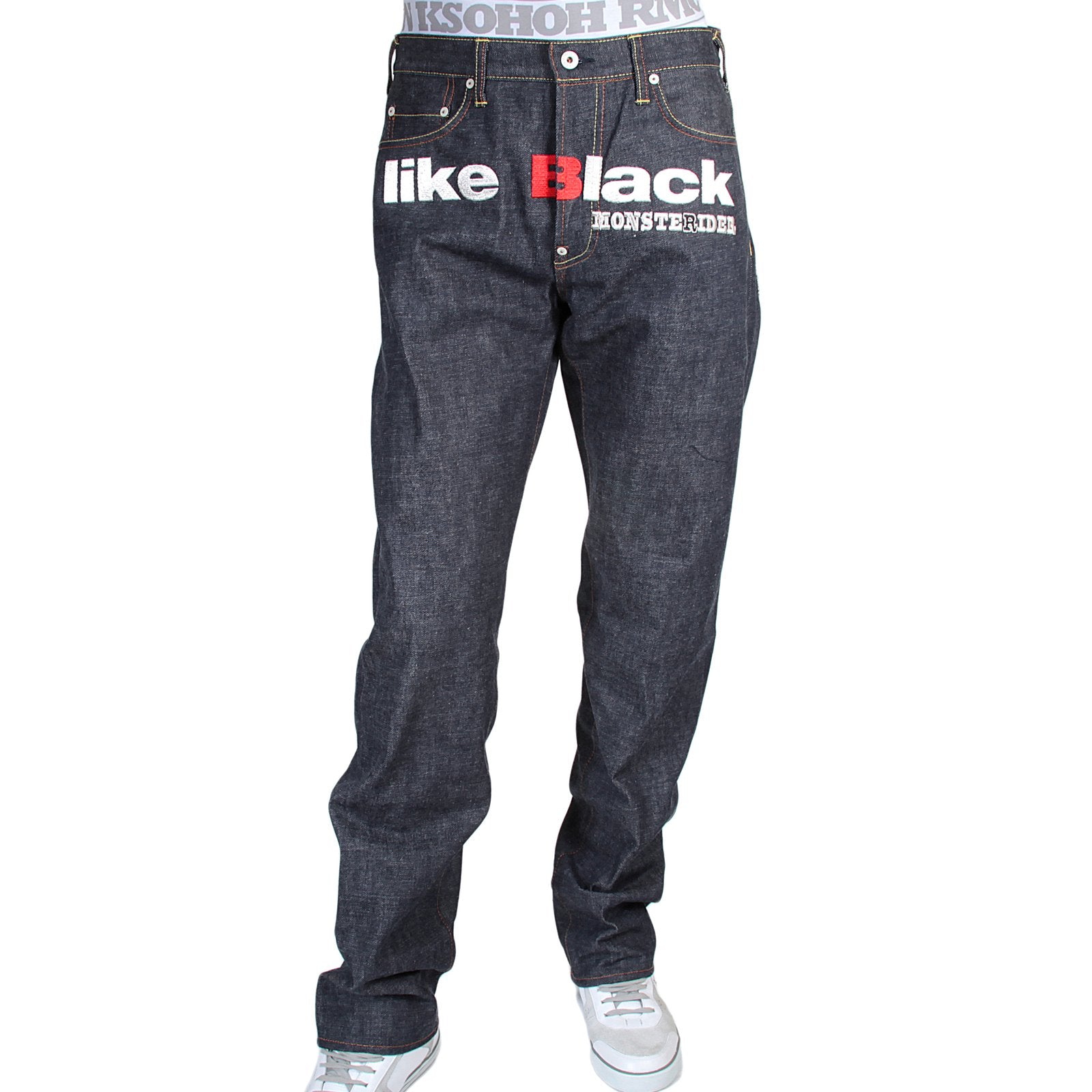 RMC X 4A VERSION MENS INDIGO RAW SELVEDGE DENIM 1001 MODEL BLACK MONSTER RIDER FM UNION EMBROIDERED JEANS RMC1940