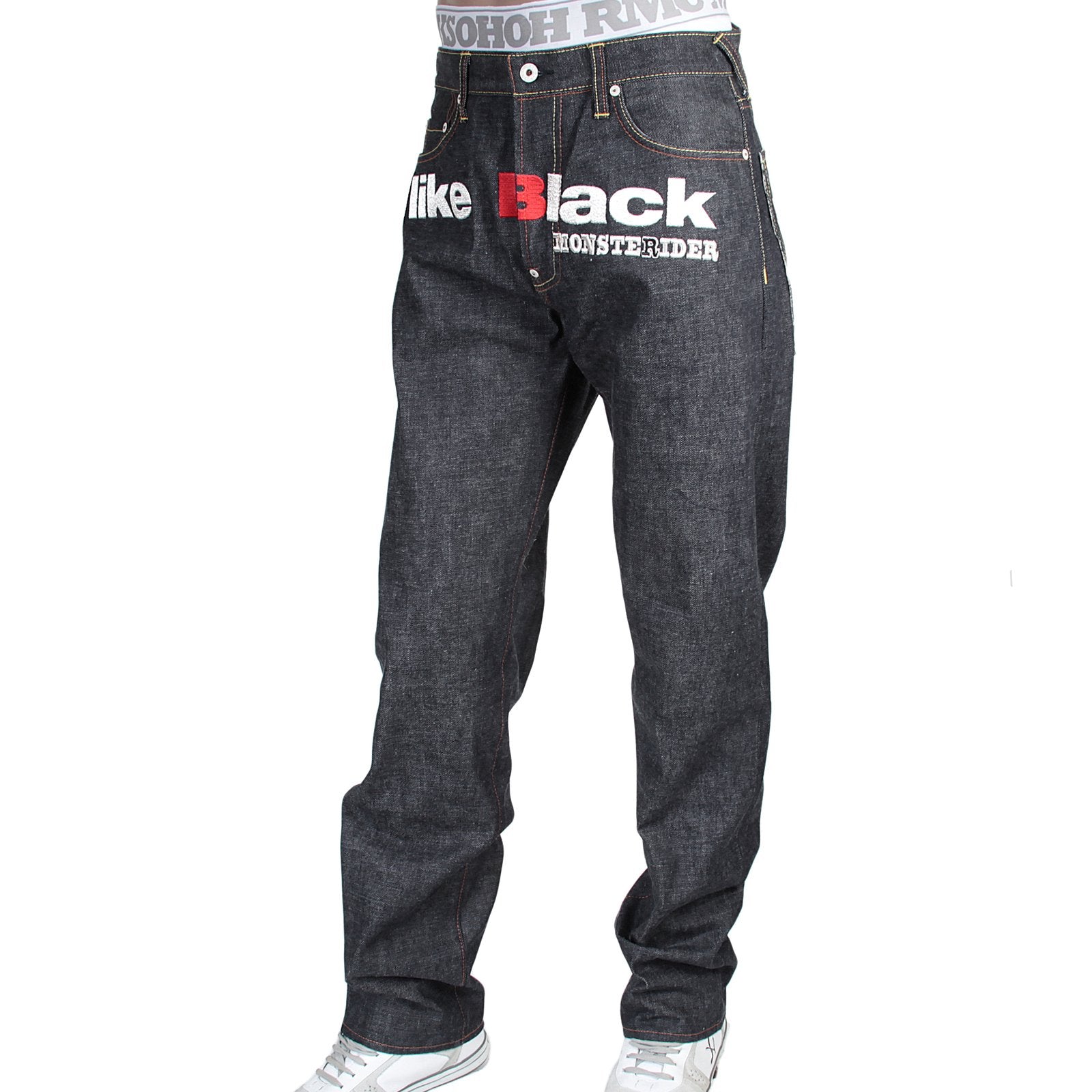 RMC X 4A VERSION MENS INDIGO RAW SELVEDGE DENIM 1001 MODEL BLACK MONSTER RIDER FM UNION EMBROIDERED JEANS RMC1940