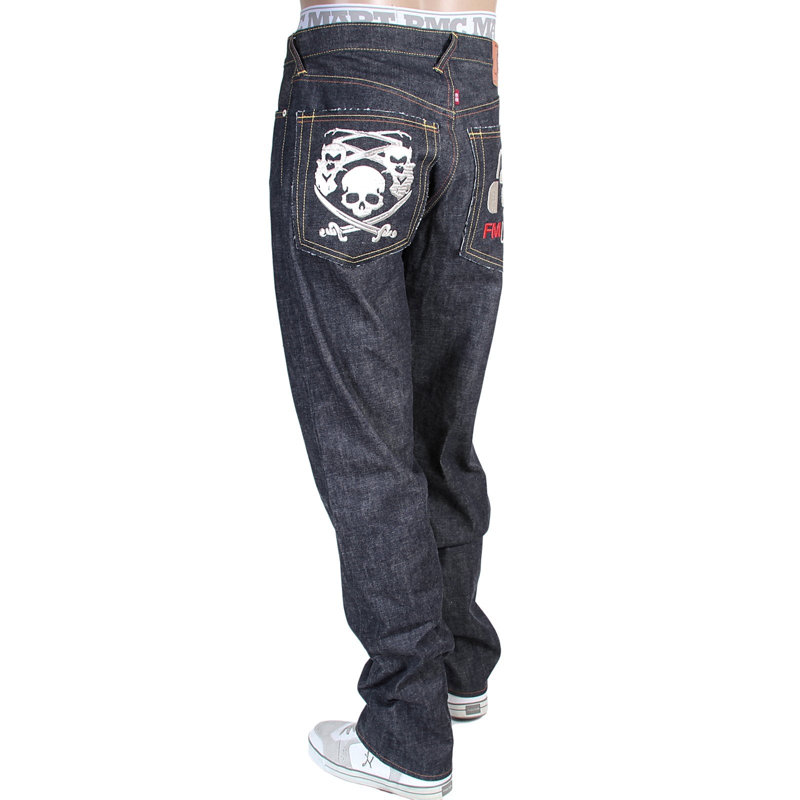 RMC X 4A VERSION MENS INDIGO RAW SELVEDGE DENIM 1001 MODEL BLACK MONSTER RIDER FM UNION EMBROIDERED JEANS RMC1940