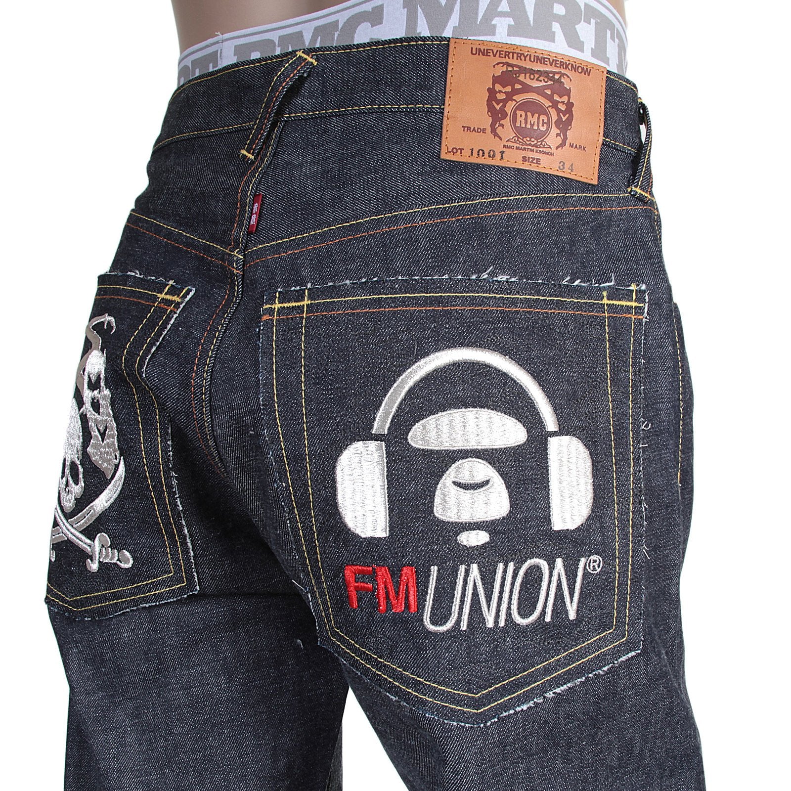 RMC X 4A VERSION MENS INDIGO RAW SELVEDGE DENIM 1001 MODEL BLACK MONSTER RIDER FM UNION EMBROIDERED JEANS RMC1940