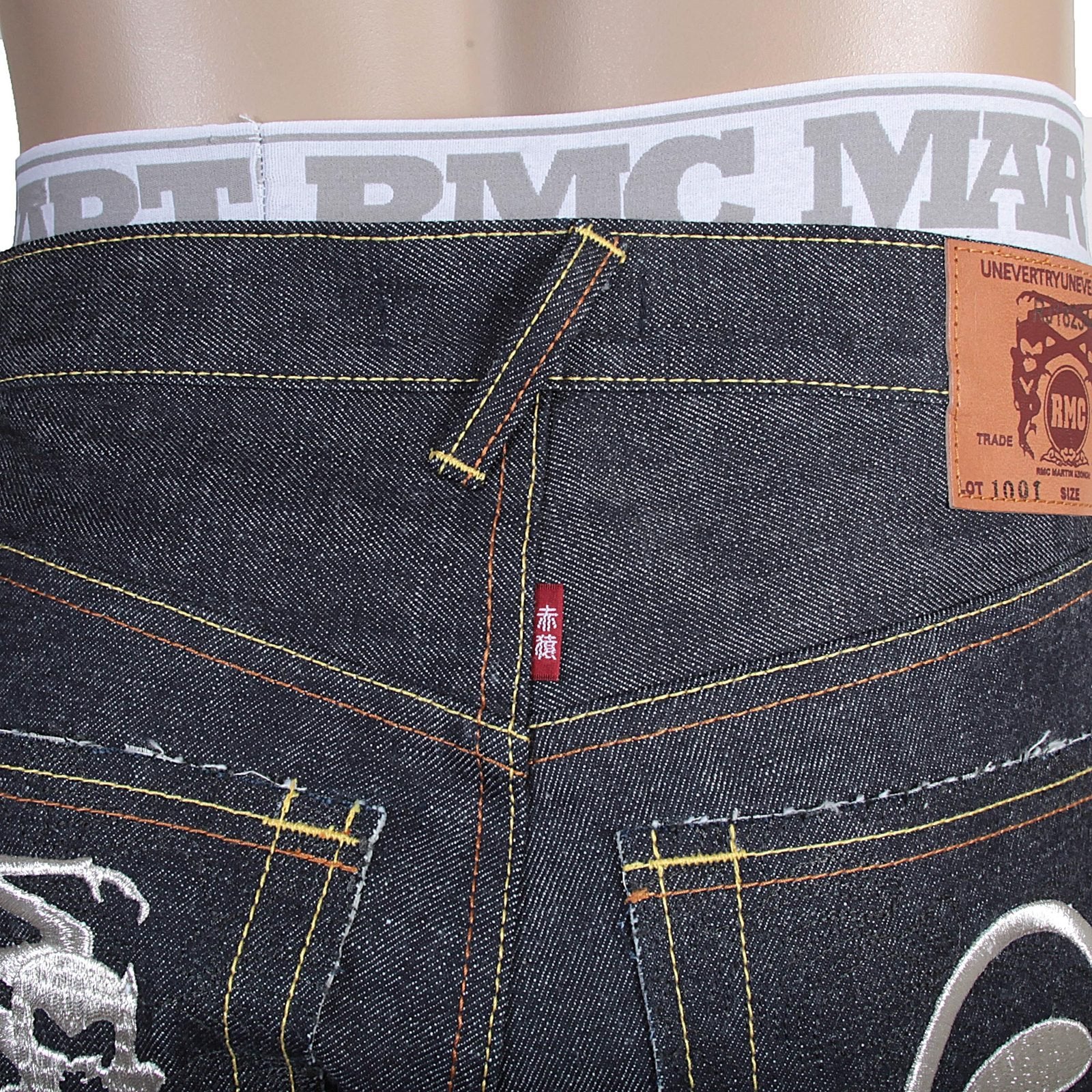 RMC X 4A VERSION MENS INDIGO RAW SELVEDGE DENIM 1001 MODEL BLACK MONSTER RIDER FM UNION EMBROIDERED JEANS RMC1940
