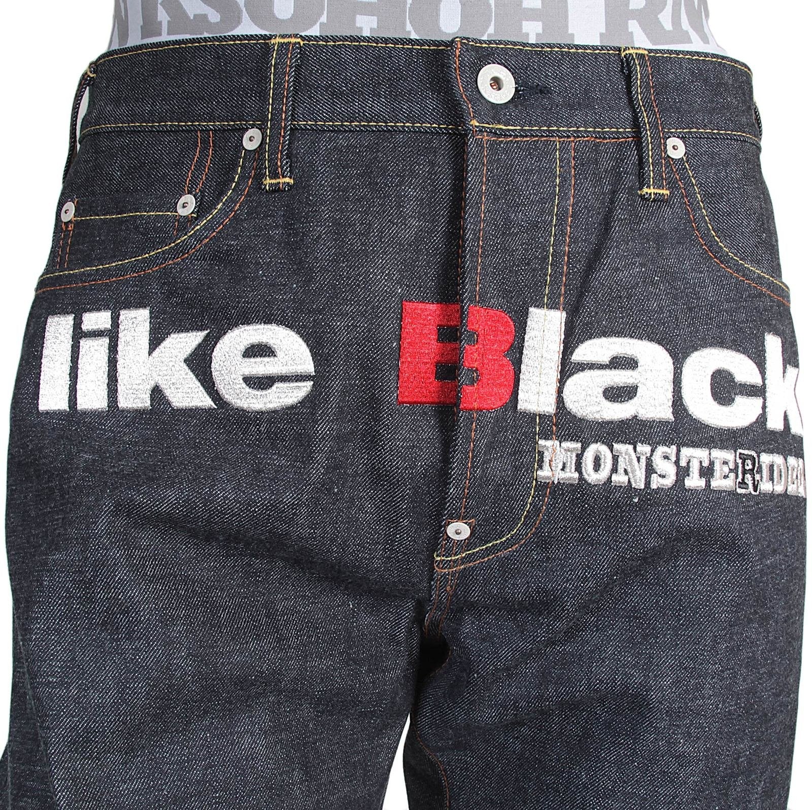 RMC X 4A VERSION MENS INDIGO RAW SELVEDGE DENIM 1001 MODEL BLACK MONSTER RIDER FM UNION EMBROIDERED JEANS RMC1940