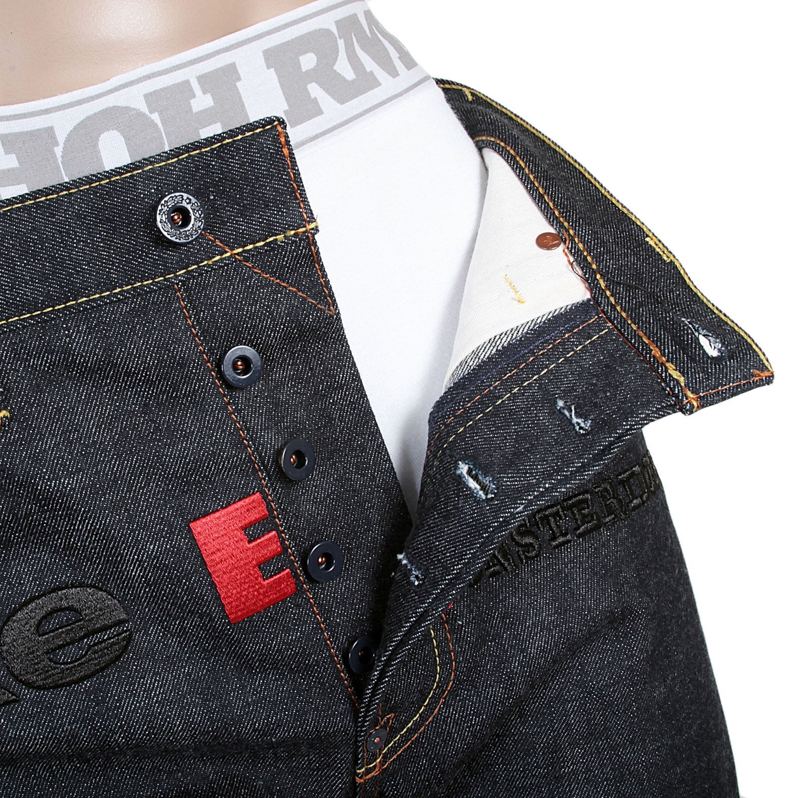 RMC X 4A VERSION MENS INDIGO RAW SELVEDGE 1001 LIKE BLACK MONSTER RIDER FM UNION EMBROIDERED DENIM JEANS RMC1942