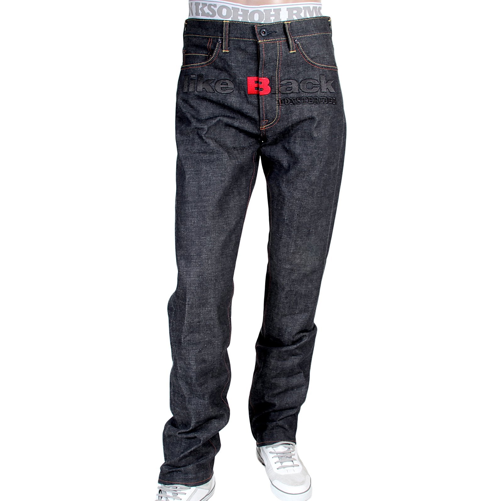 RMC X 4A VERSION MENS INDIGO RAW SELVEDGE 1001 LIKE BLACK MONSTER RIDER FM UNION EMBROIDERED DENIM JEANS RMC1942