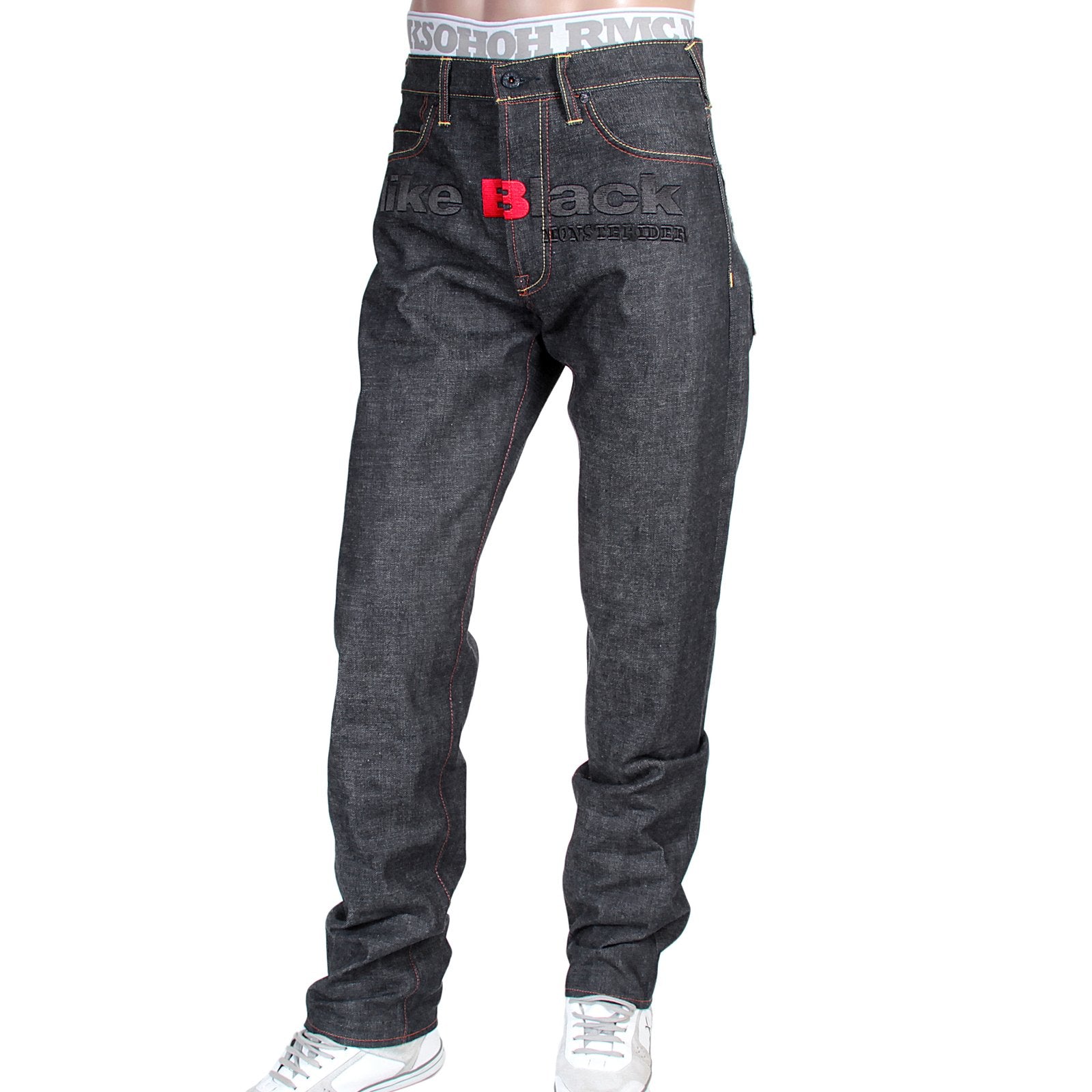 RMC X 4A VERSION MENS INDIGO RAW SELVEDGE 1001 LIKE BLACK MONSTER RIDER FM UNION EMBROIDERED DENIM JEANS RMC1942