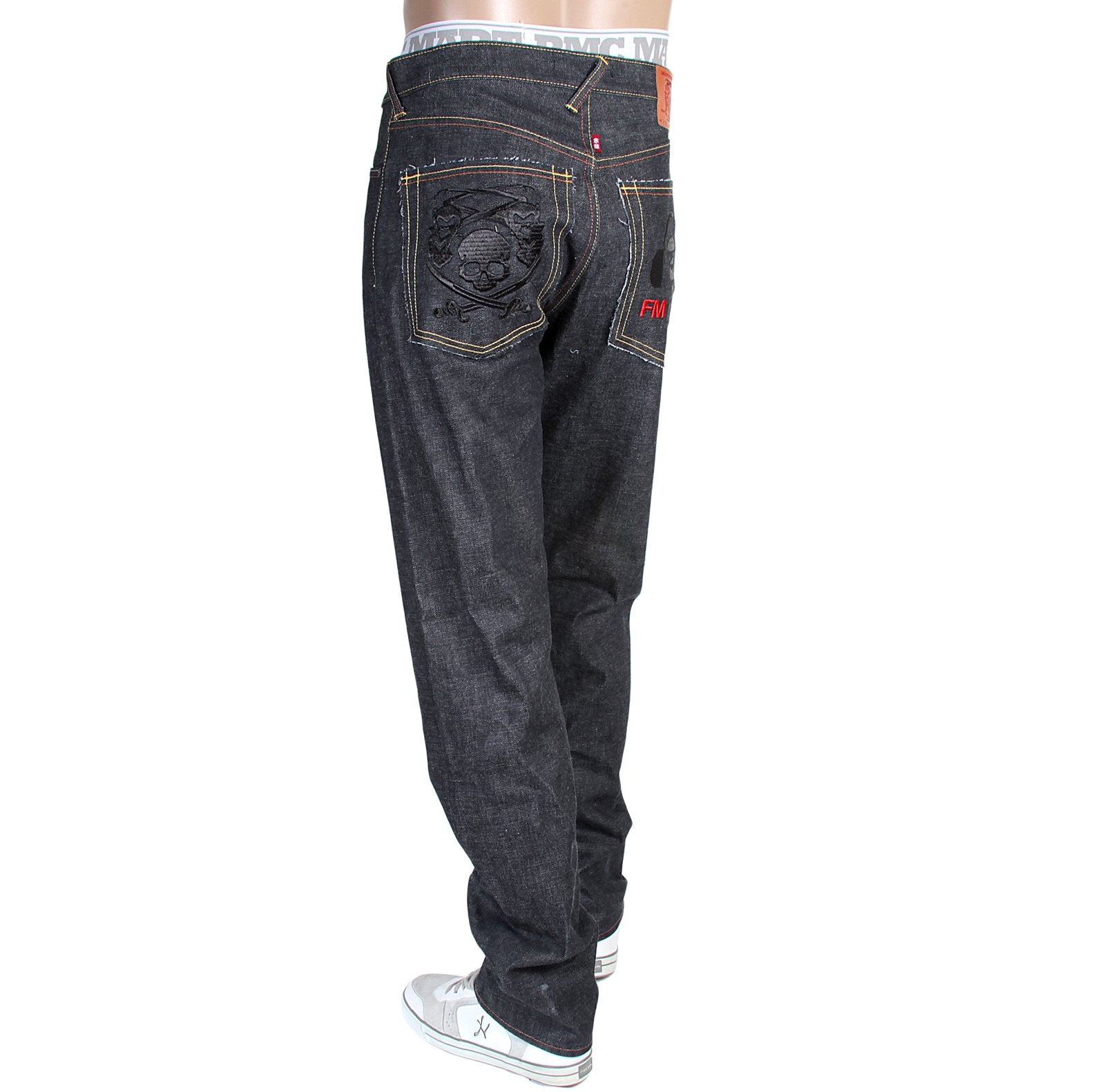 RMC X 4A VERSION MENS INDIGO RAW SELVEDGE 1001 LIKE BLACK MONSTER RIDER FM UNION EMBROIDERED DENIM JEANS RMC1942