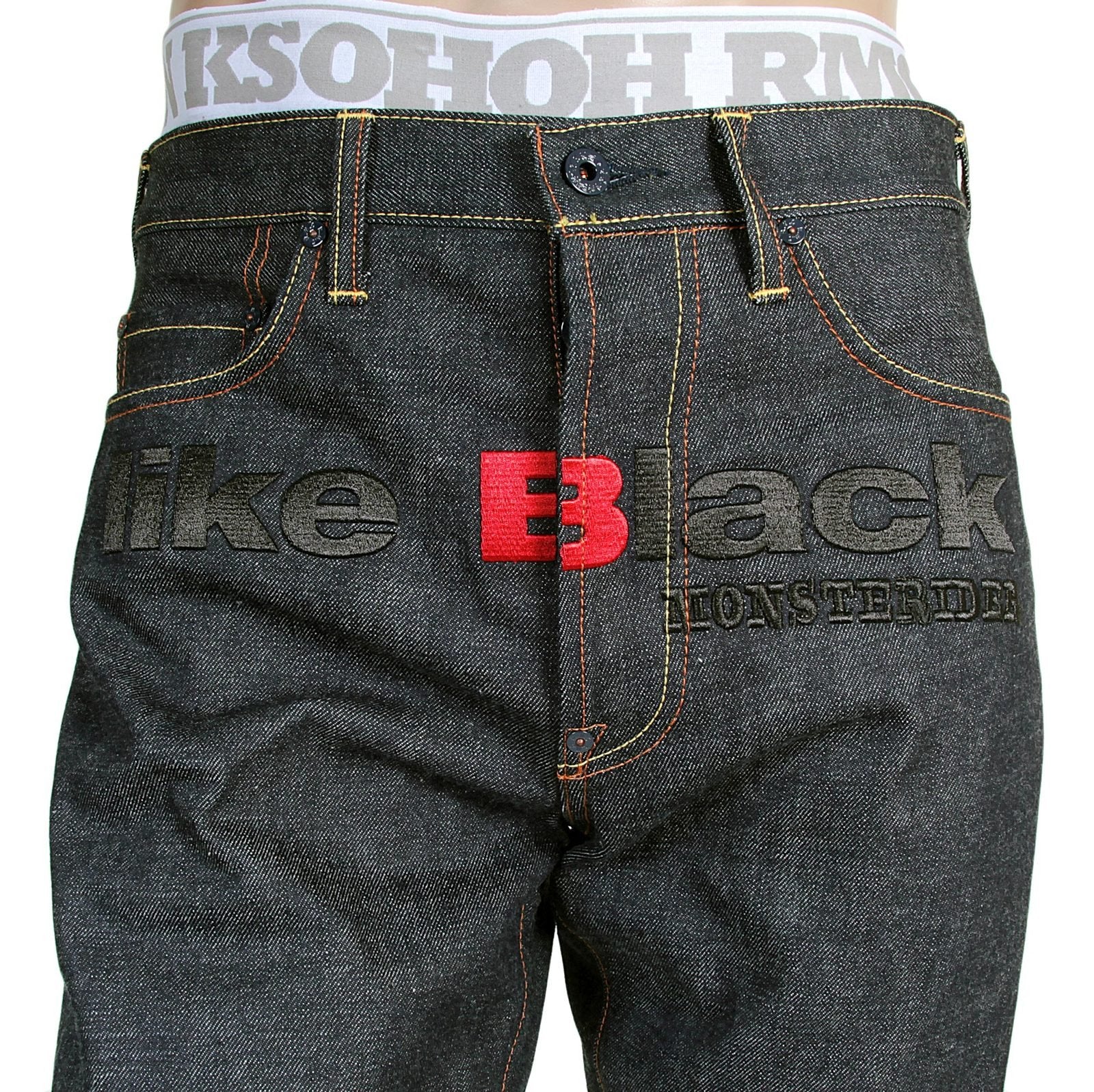 RMC X 4A VERSION MENS INDIGO RAW SELVEDGE 1001 LIKE BLACK MONSTER RIDER FM UNION EMBROIDERED DENIM JEANS RMC1942