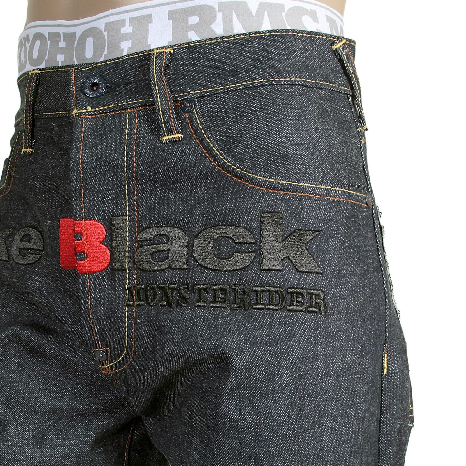 RMC X 4A VERSION MENS INDIGO RAW SELVEDGE 1001 LIKE BLACK MONSTER RIDER FM UNION EMBROIDERED DENIM JEANS RMC1942