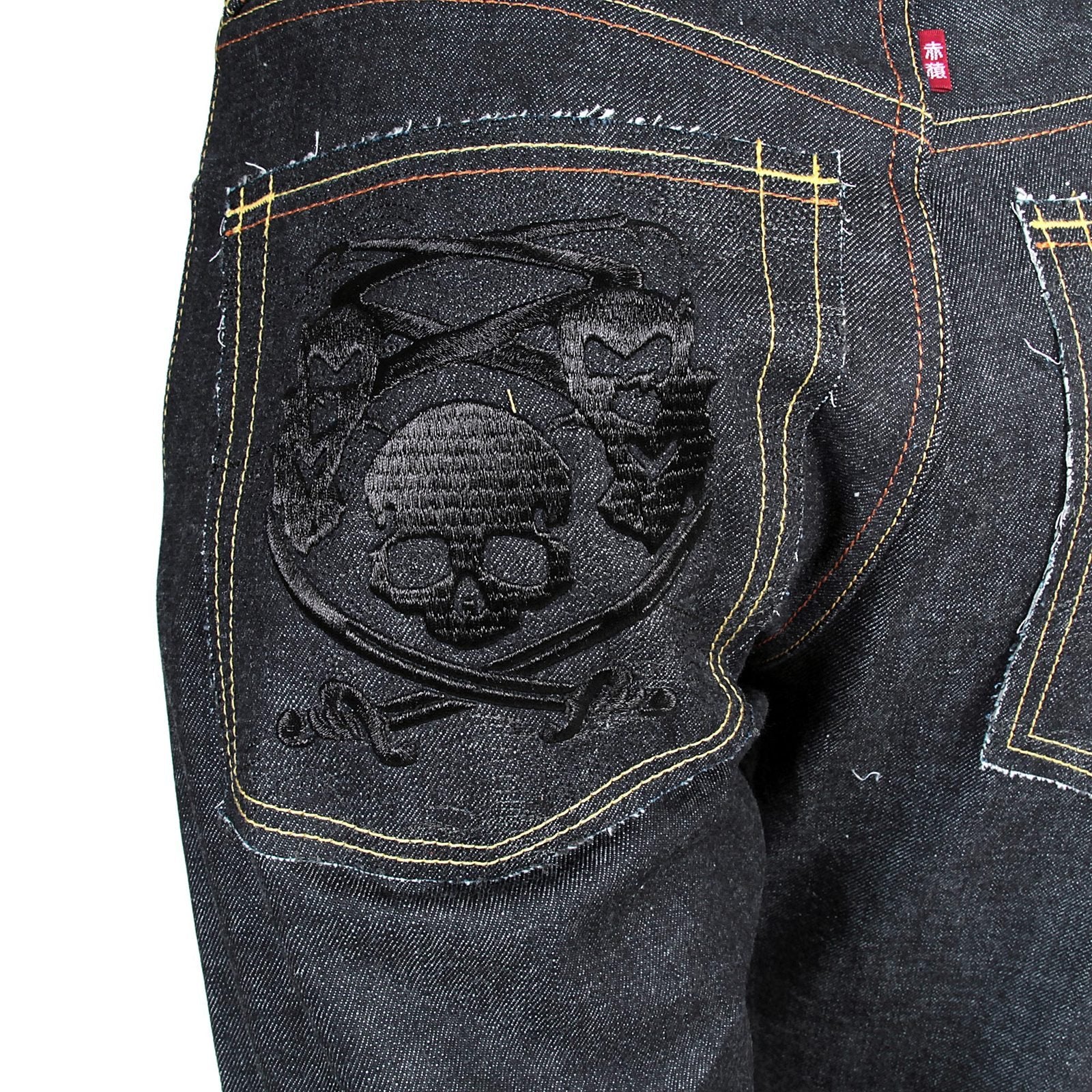 RMC X 4A VERSION MENS INDIGO RAW SELVEDGE 1001 LIKE BLACK MONSTER RIDER FM UNION EMBROIDERED DENIM JEANS RMC1942