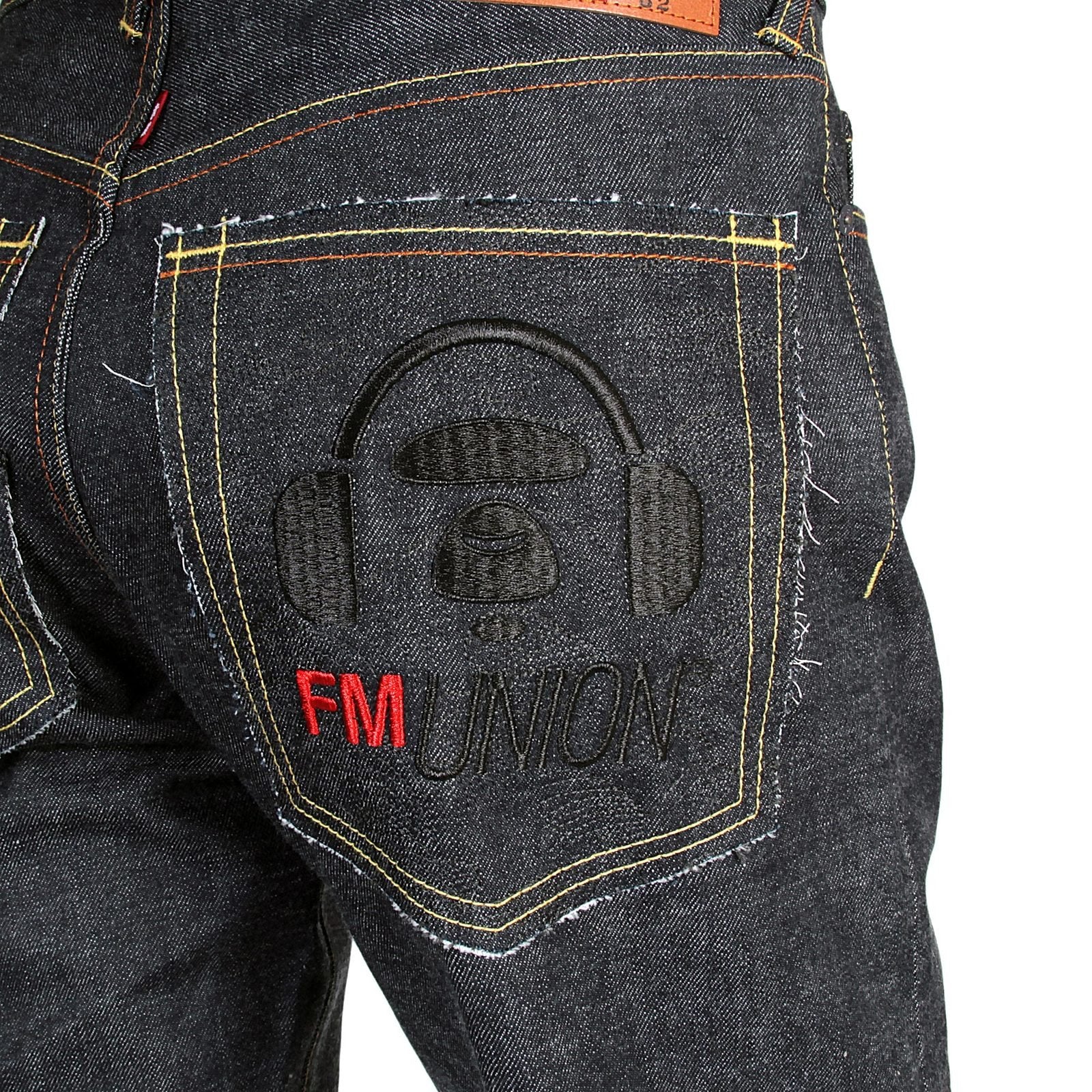 RMC X 4A VERSION MENS INDIGO RAW SELVEDGE 1001 LIKE BLACK MONSTER RIDER FM UNION EMBROIDERED DENIM JEANS RMC1942